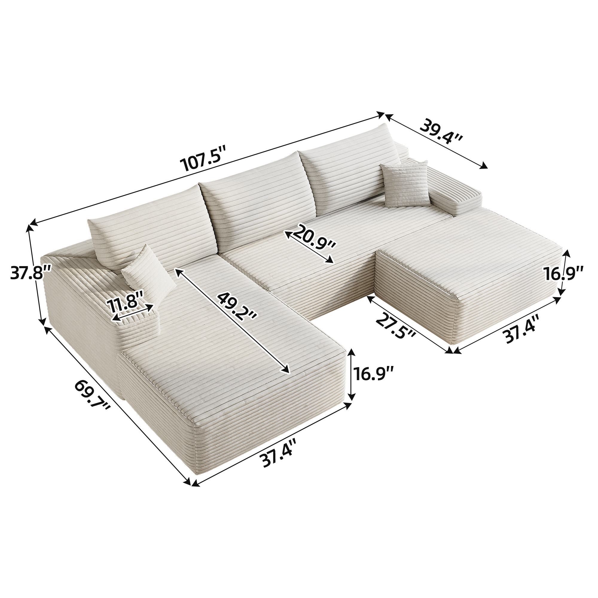 107"Cloud Sectional Sofa with 1 Ottoman,Modern Minimalist Upholstered Couches,Comfort U Shaped Sofa for Living Room,Deep Seat Corner Couch,No Assembly Required (Plush Corduroy Fabric),White - Image 5