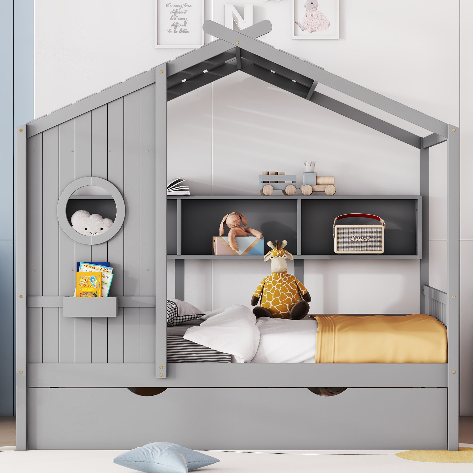 Wooden Full Size House Bed With Trundle, Modern Design for Kids with Storage Shlef, Gray(old SKU HL000095AAE) - Image 2