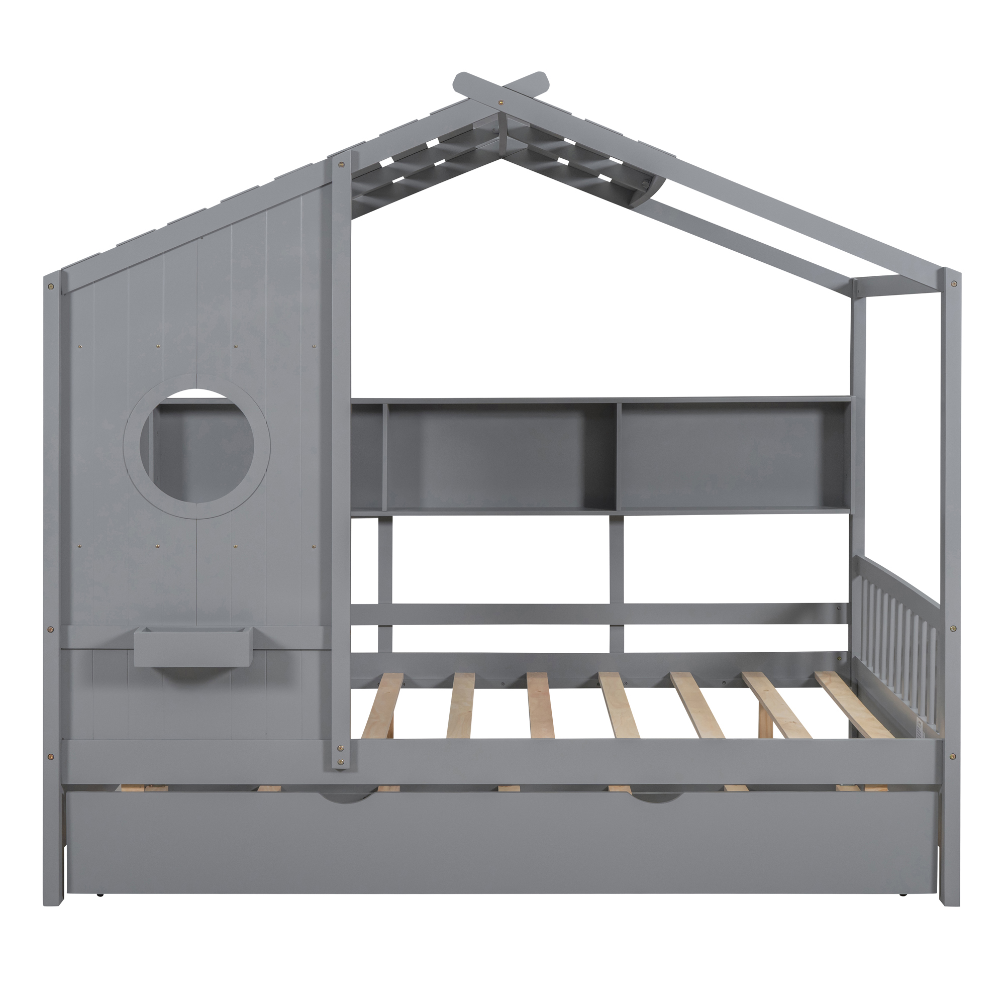Wooden Full Size House Bed With Trundle, Modern Design for Kids with Storage Shlef, Gray(old SKU HL000095AAE) - Image 3
