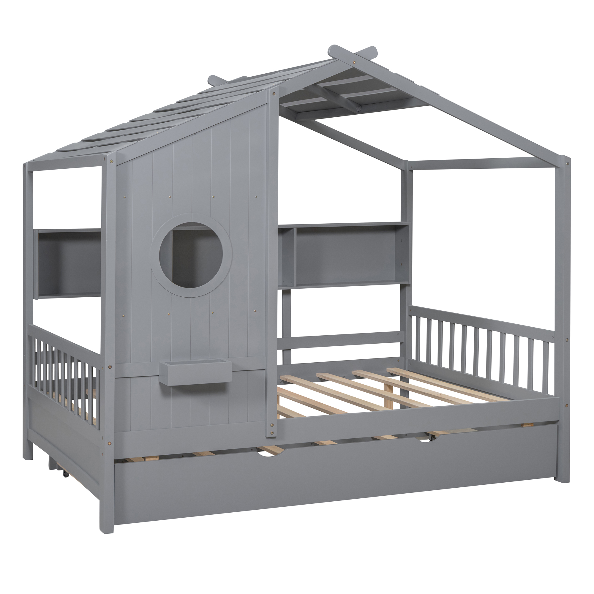 Wooden Full Size House Bed With Trundle, Modern Design for Kids with Storage Shlef, Gray(old SKU HL000095AAE) - Image 4