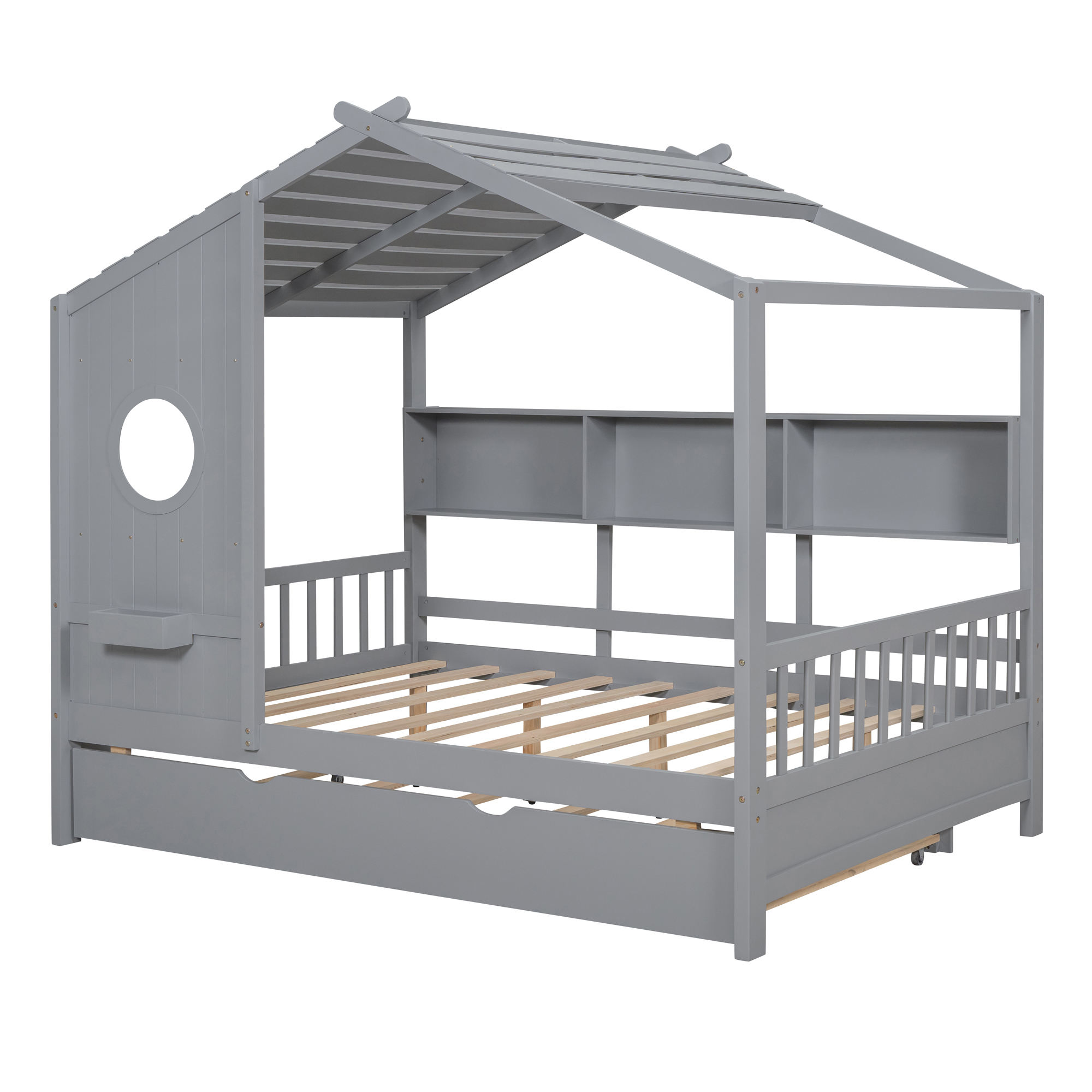 Wooden Full Size House Bed With Trundle, Modern Design for Kids with Storage Shlef, Gray(old SKU HL000095AAE) - Image 5