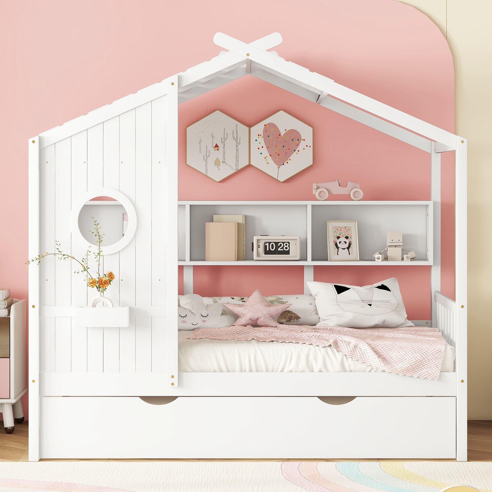 Wooden Twin Size House Bed With Trundle, Modern Design for Kids with Storage Shlef, White(old SKU HL000094AAK) - Image 2