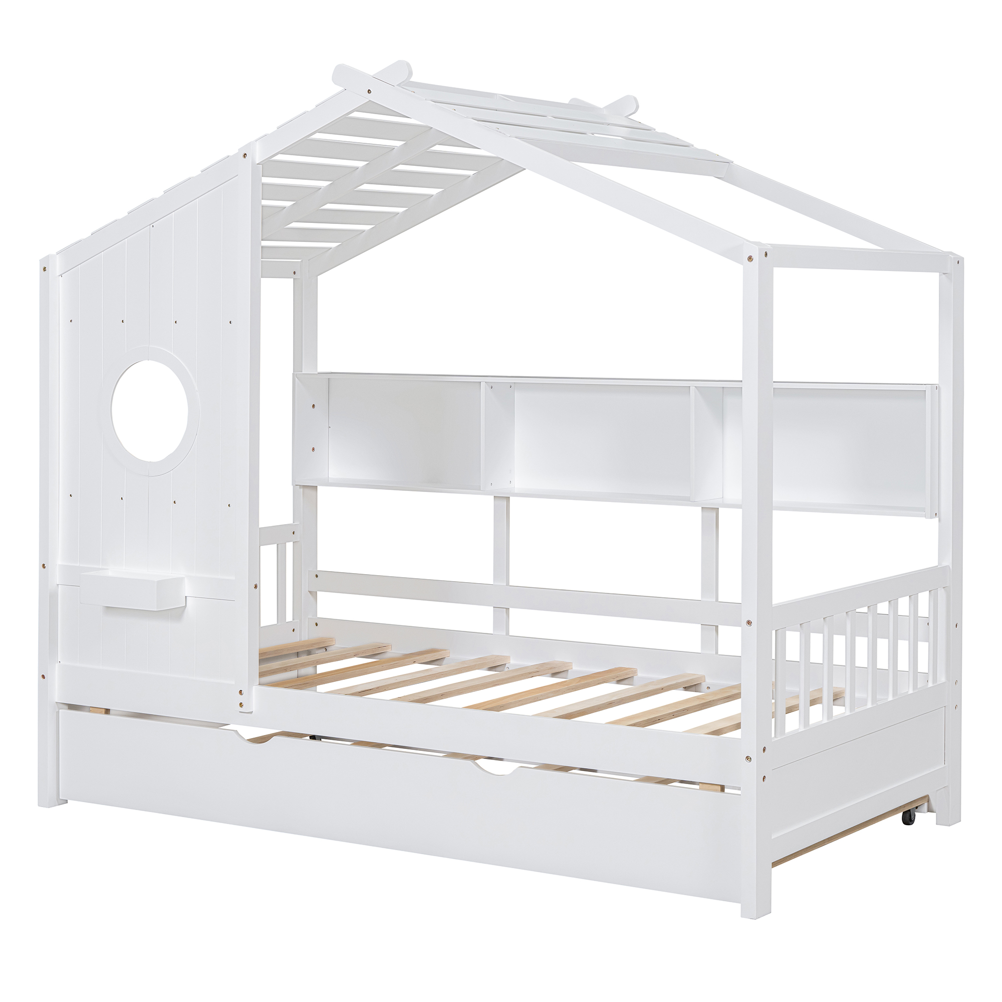 Wooden Twin Size House Bed With Trundle, Modern Design for Kids with Storage Shlef, White(old SKU HL000094AAK) - Image 4