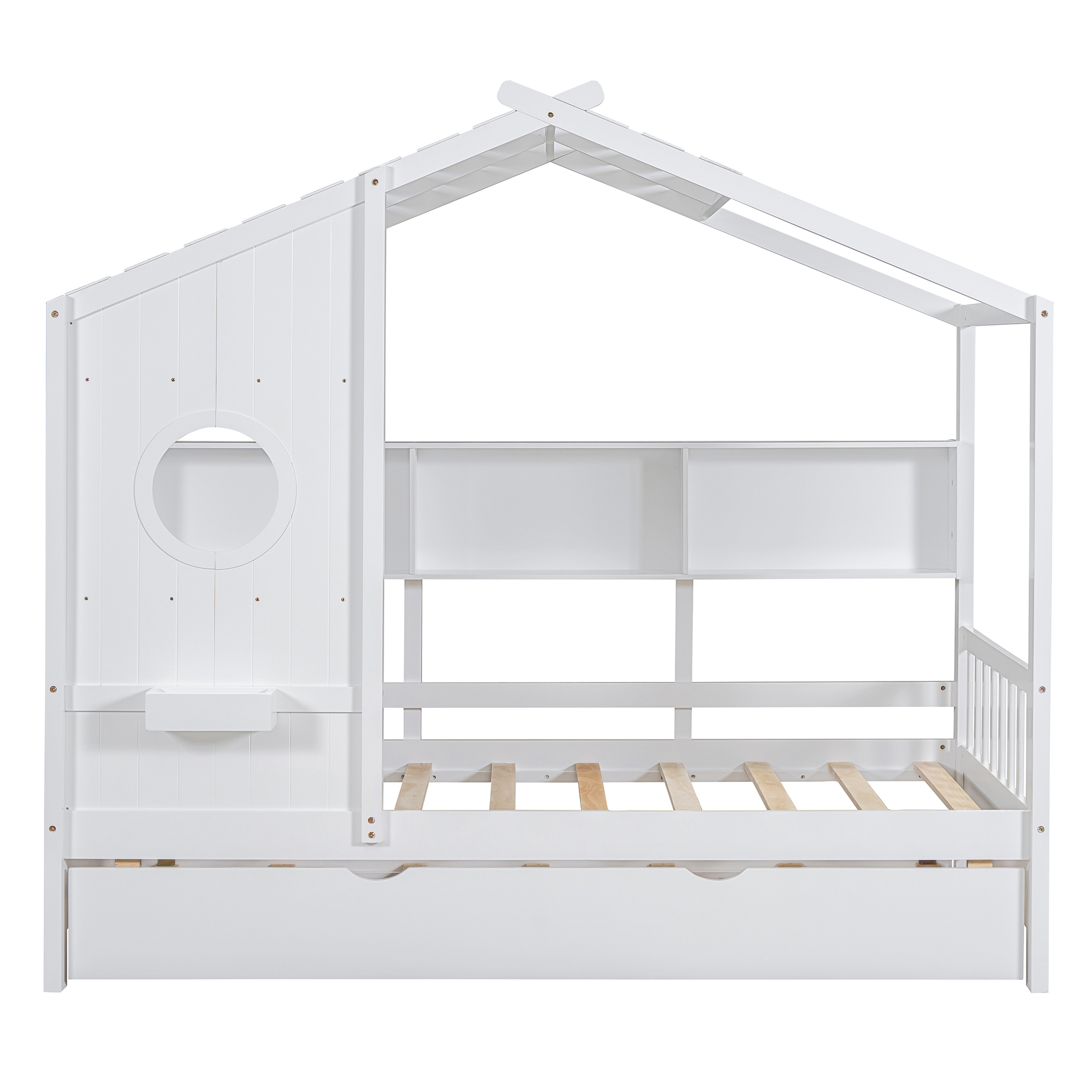 Wooden Twin Size House Bed With Trundle, Modern Design for Kids with Storage Shlef, White(old SKU HL000094AAK) - Image 3