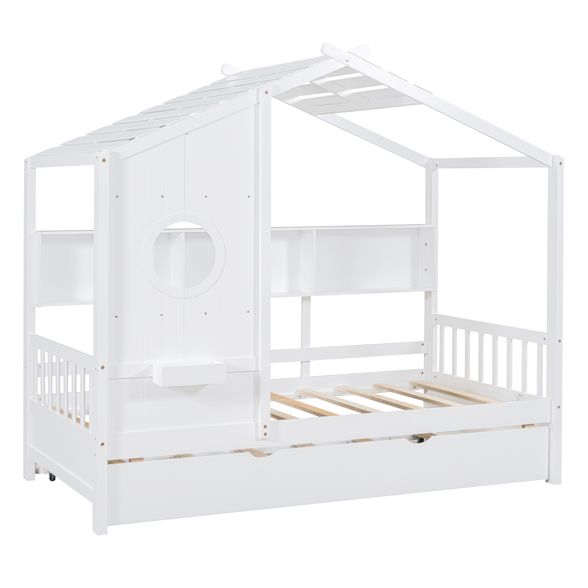 Wooden Twin Size House Bed With Trundle, Modern Design for Kids with Storage Shlef, White(old SKU HL000094AAK) - Image 5
