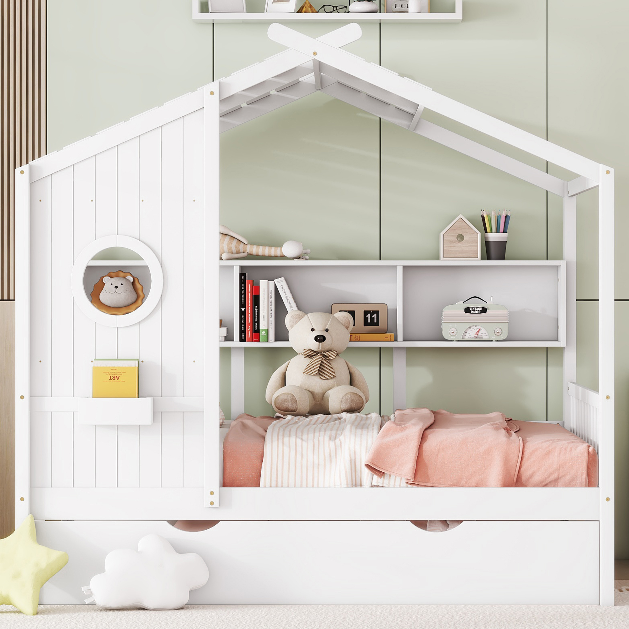 Wooden Full Size House Bed With Trundle, Modern Design for Kids with Storage Shlef, White(old SKU HL000095AAW) - Image 2