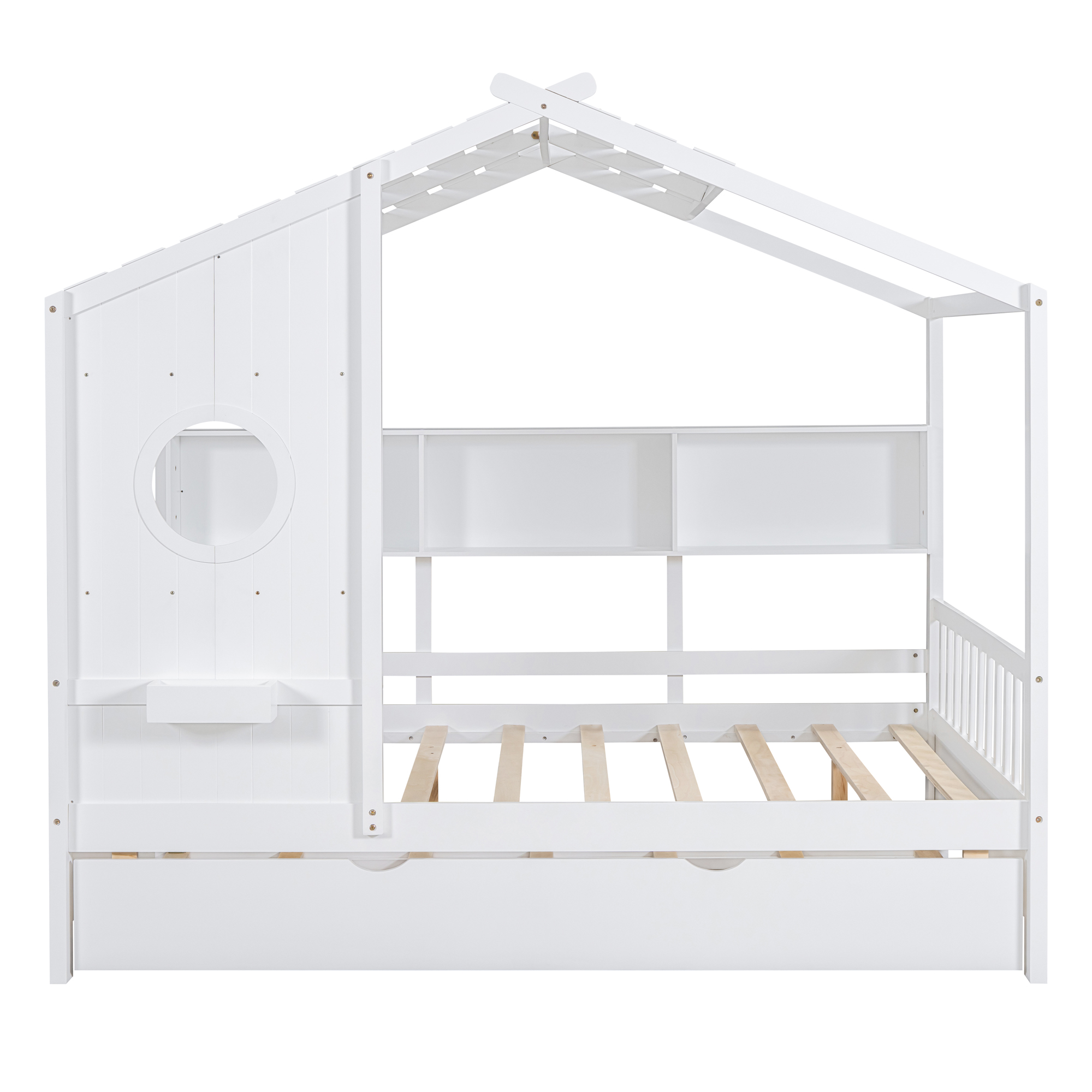 Wooden Full Size House Bed With Trundle, Modern Design for Kids with Storage Shlef, White(old SKU HL000095AAW) - Image 3