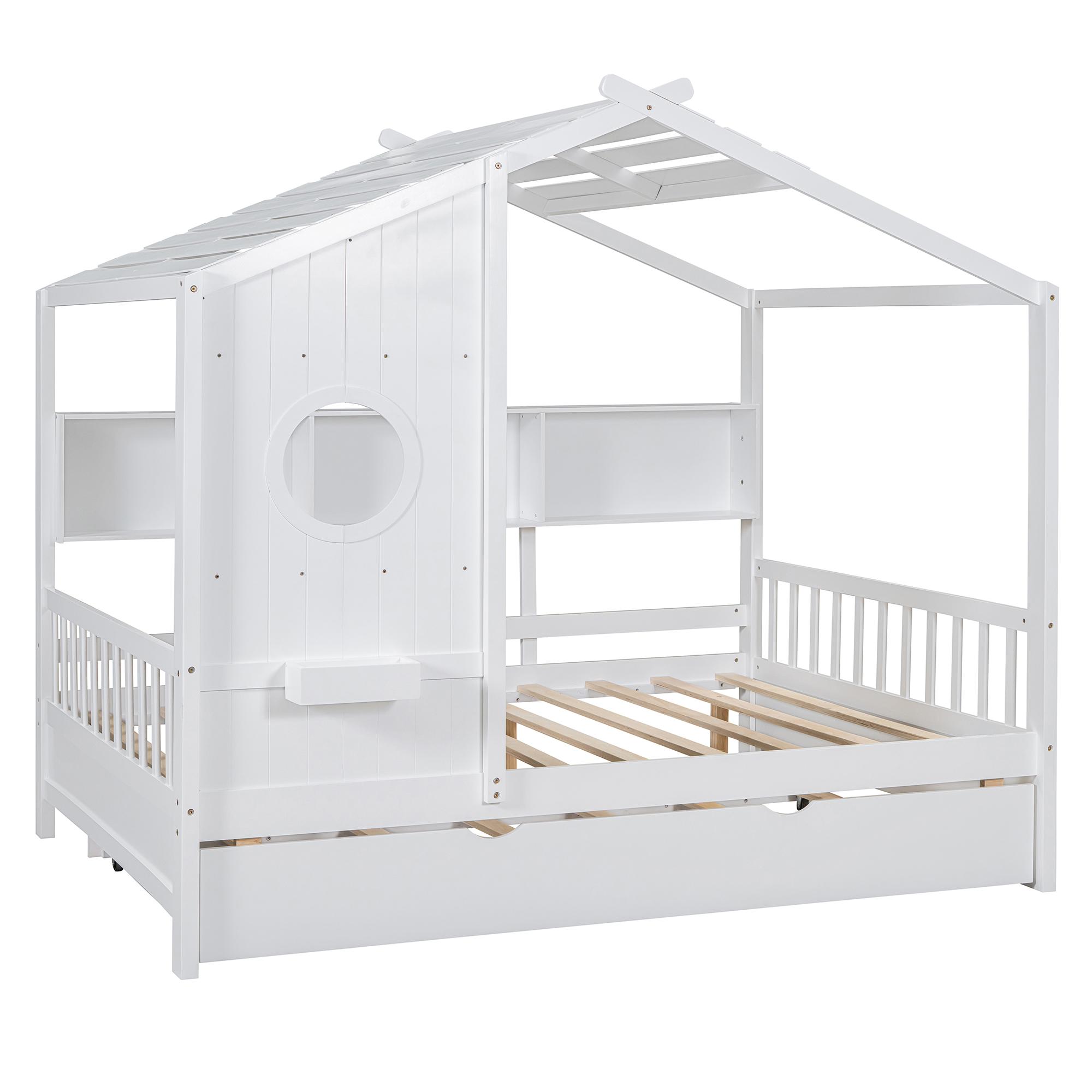 Wooden Full Size House Bed With Trundle, Modern Design for Kids with Storage Shlef, White(old SKU HL000095AAW) - Image 4