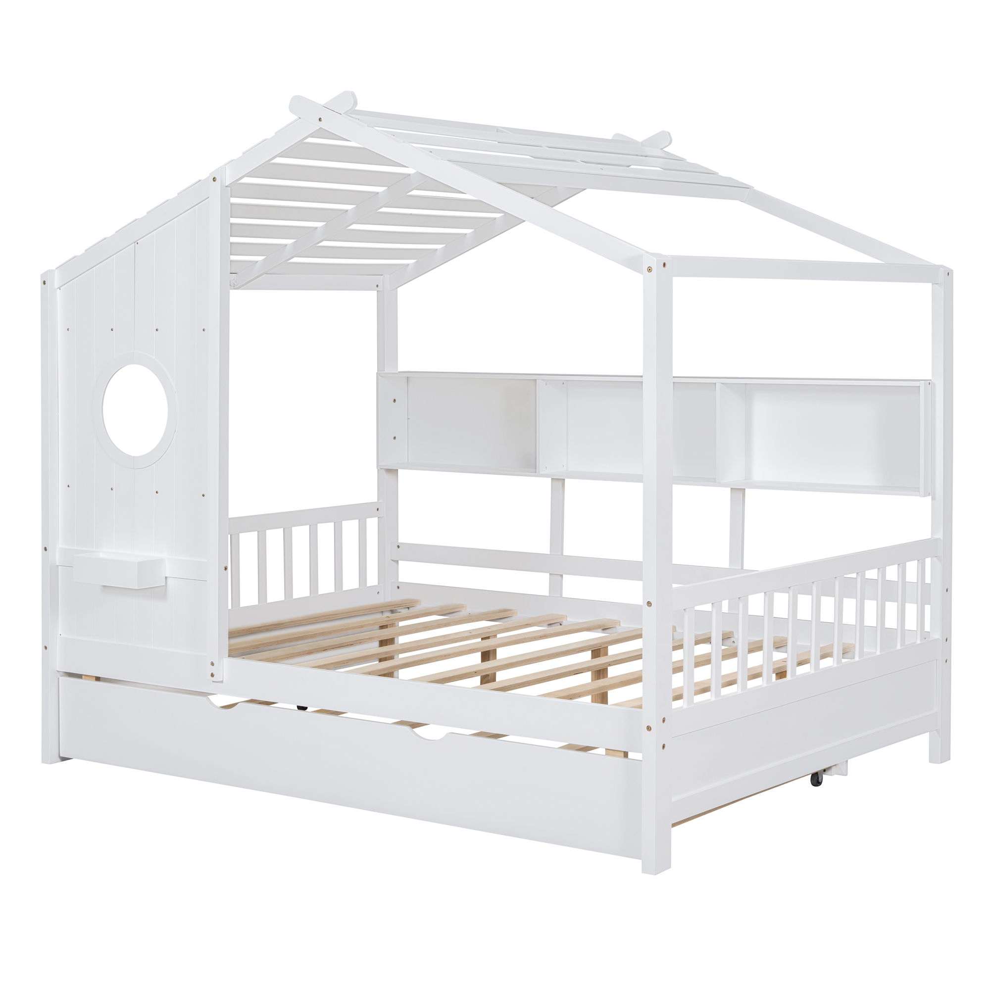 Wooden Full Size House Bed With Trundle, Modern Design for Kids with Storage Shlef, White(old SKU HL000095AAW) - Image 5