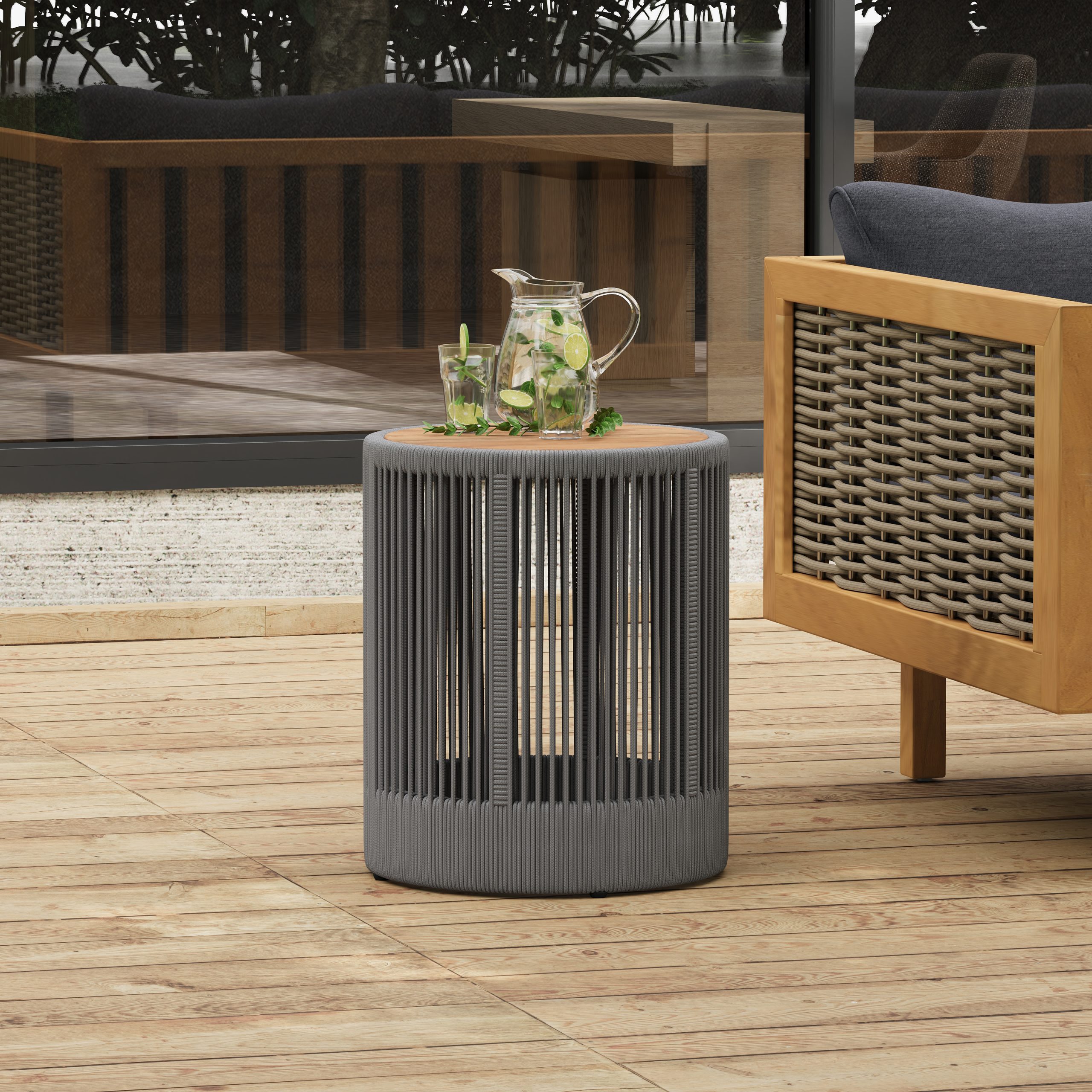 Outdoor Rattan rope & Acacia Wood Side Table - Patio Balcony Furniture for Garden, Yard, Balcony - Weather Resistant(Rope Grey, Natural Iron) - Image 2