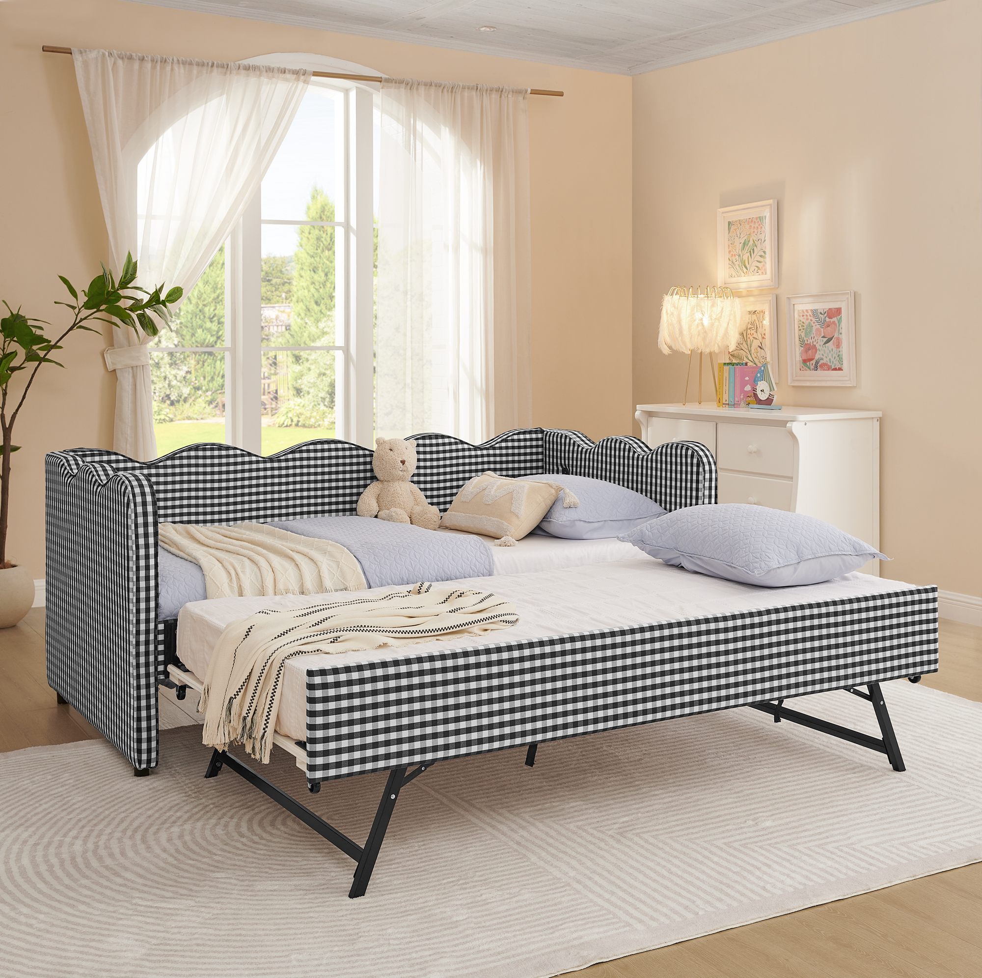 Cozy Gingham Daybed with Trundle Twin Size Sofa Bed No Box Spring Needed, with USB Port and Adorable Wave Shaped, Linen Fabric, Black - Image 2