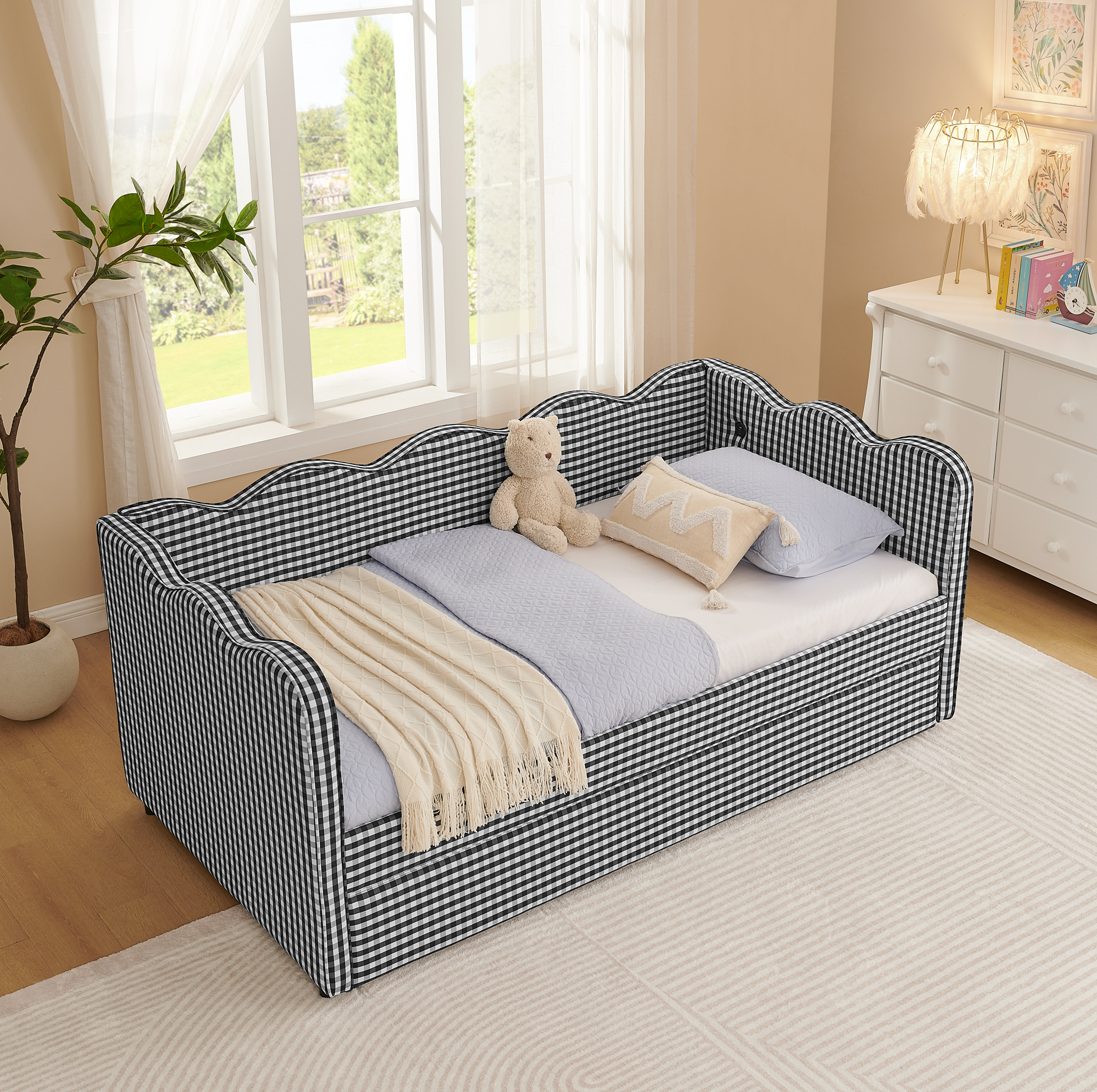 Cozy Gingham Daybed with Trundle Twin Size Sofa Bed No Box Spring Needed, with USB Port and Adorable Wave Shaped, Linen Fabric, Black - Image 3