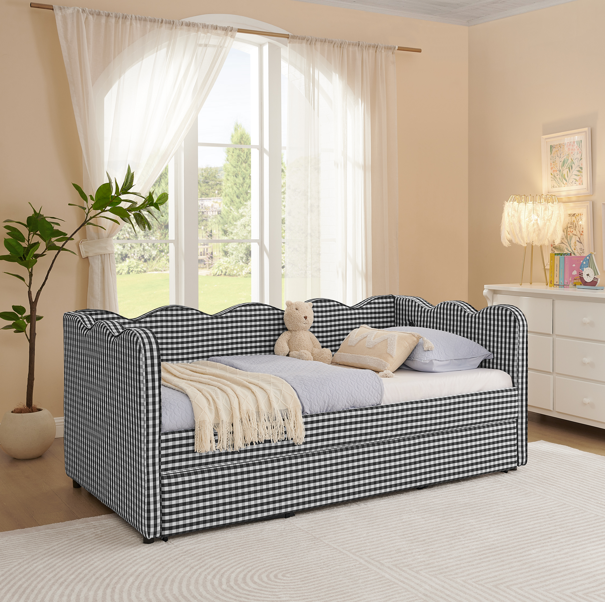 Cozy Gingham Daybed with Trundle Twin Size Sofa Bed No Box Spring Needed, with USB Port and Adorable Wave Shaped, Linen Fabric, Black - Image 4