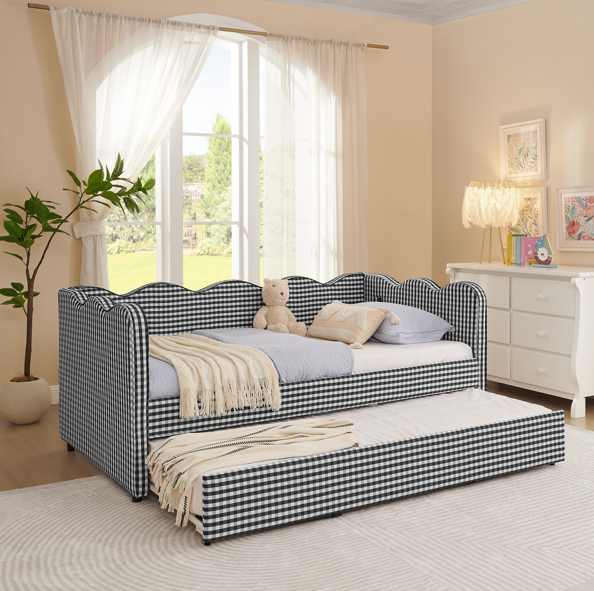 Cozy Gingham Daybed with Trundle Twin Size Sofa Bed No Box Spring Needed, with USB Port and Adorable Wave Shaped, Linen Fabric, Black - Image 5