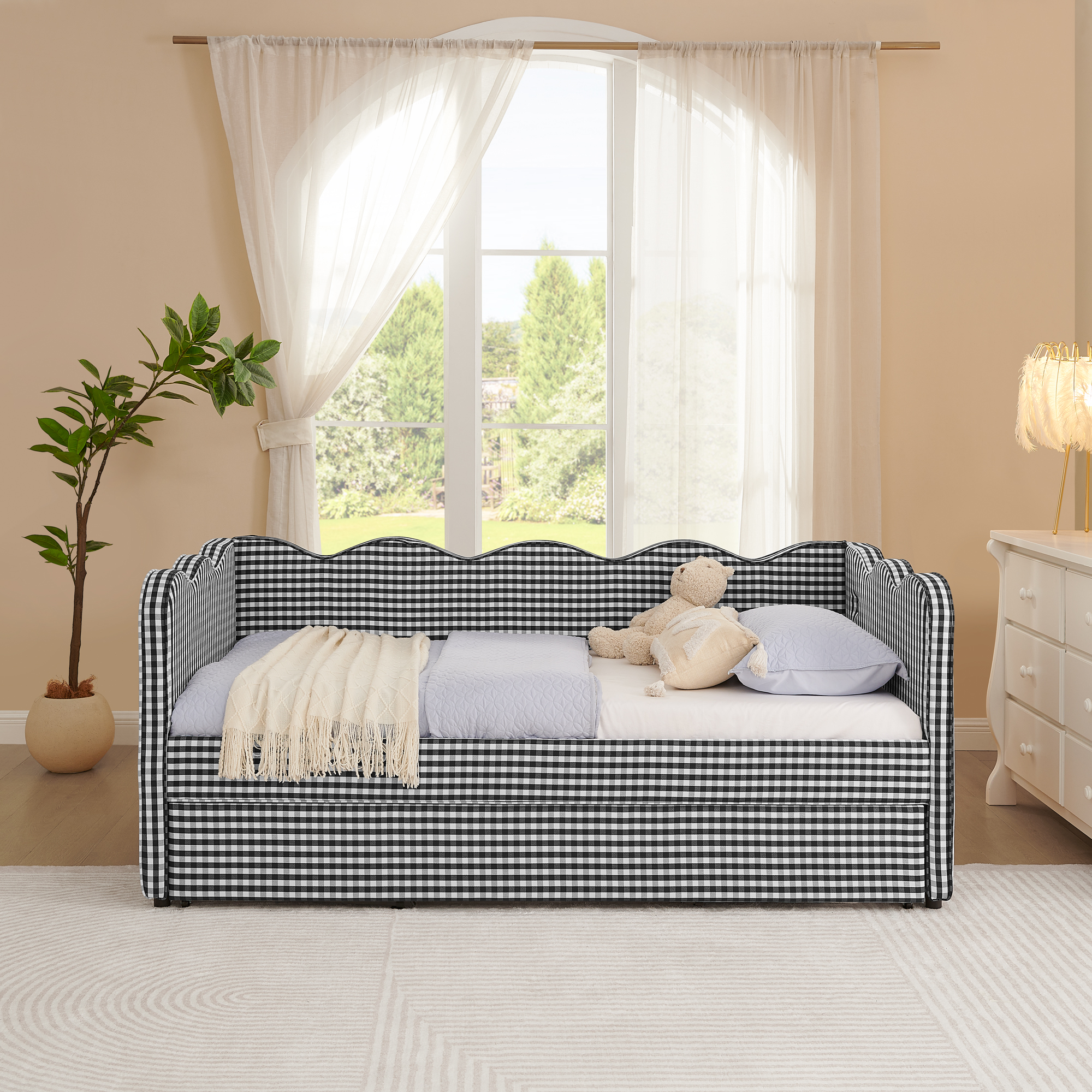 Cozy Gingham Daybed with Trundle Twin Size Sofa Bed No Box Spring Needed, with USB Port and Adorable Wave Shaped, Linen Fabric, Black - Image 6