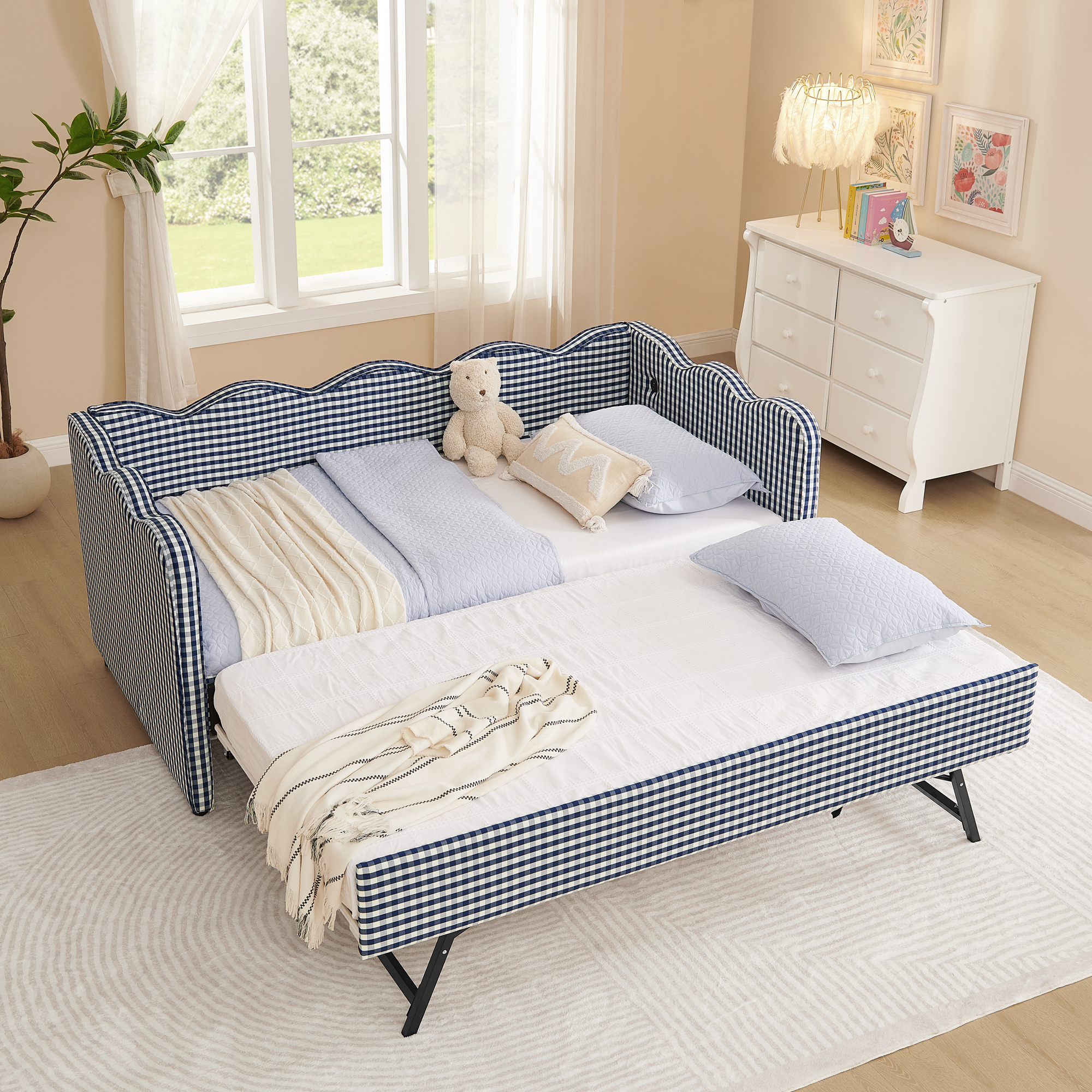 Cozy Gingham Daybed with Trundle Twin Size Sofa Bed No Box Spring Needed, with USB Port and Adorable Wave Shaped, Linen Fabric, Navy