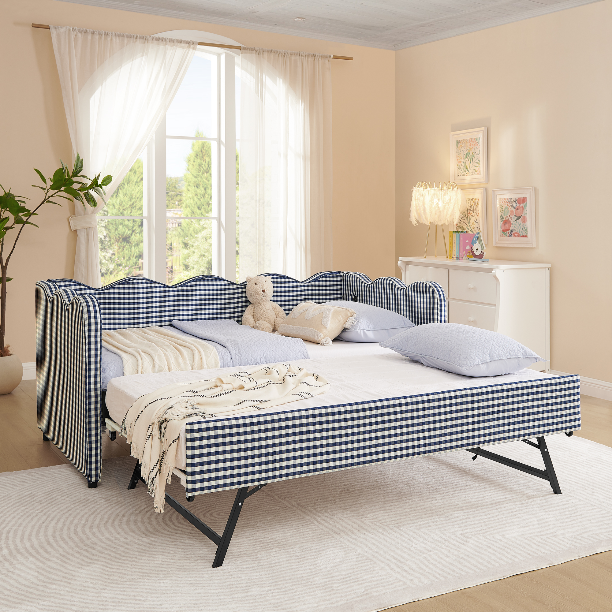 Cozy Gingham Daybed with Trundle Twin Size Sofa Bed No Box Spring Needed, with USB Port and Adorable Wave Shaped, Linen Fabric, Navy - Image 2