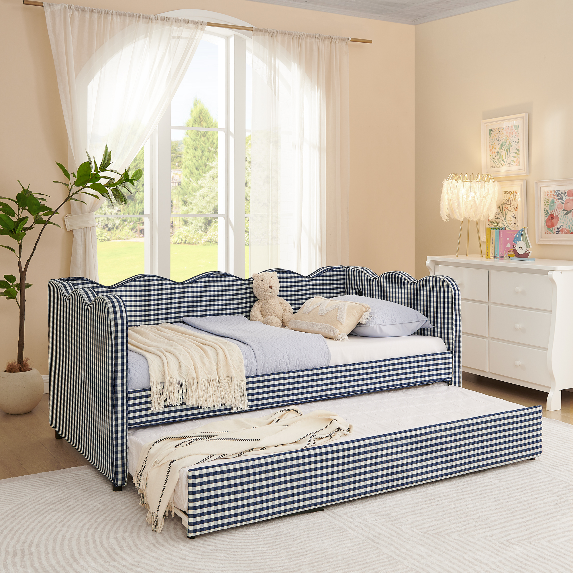 Cozy Gingham Daybed with Trundle Twin Size Sofa Bed No Box Spring Needed, with USB Port and Adorable Wave Shaped, Linen Fabric, Navy - Image 3