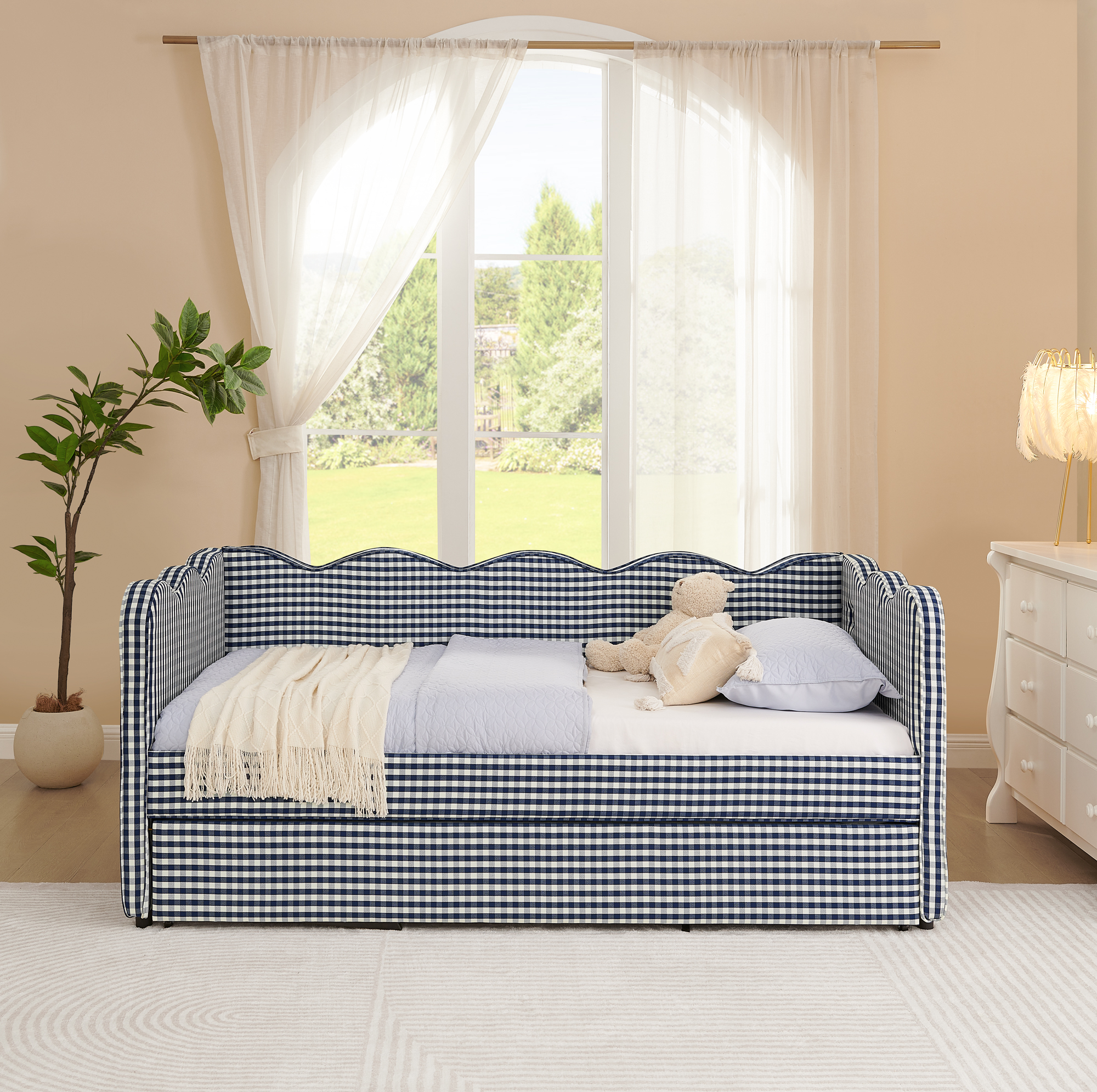 Cozy Gingham Daybed with Trundle Twin Size Sofa Bed No Box Spring Needed, with USB Port and Adorable Wave Shaped, Linen Fabric, Navy - Image 4