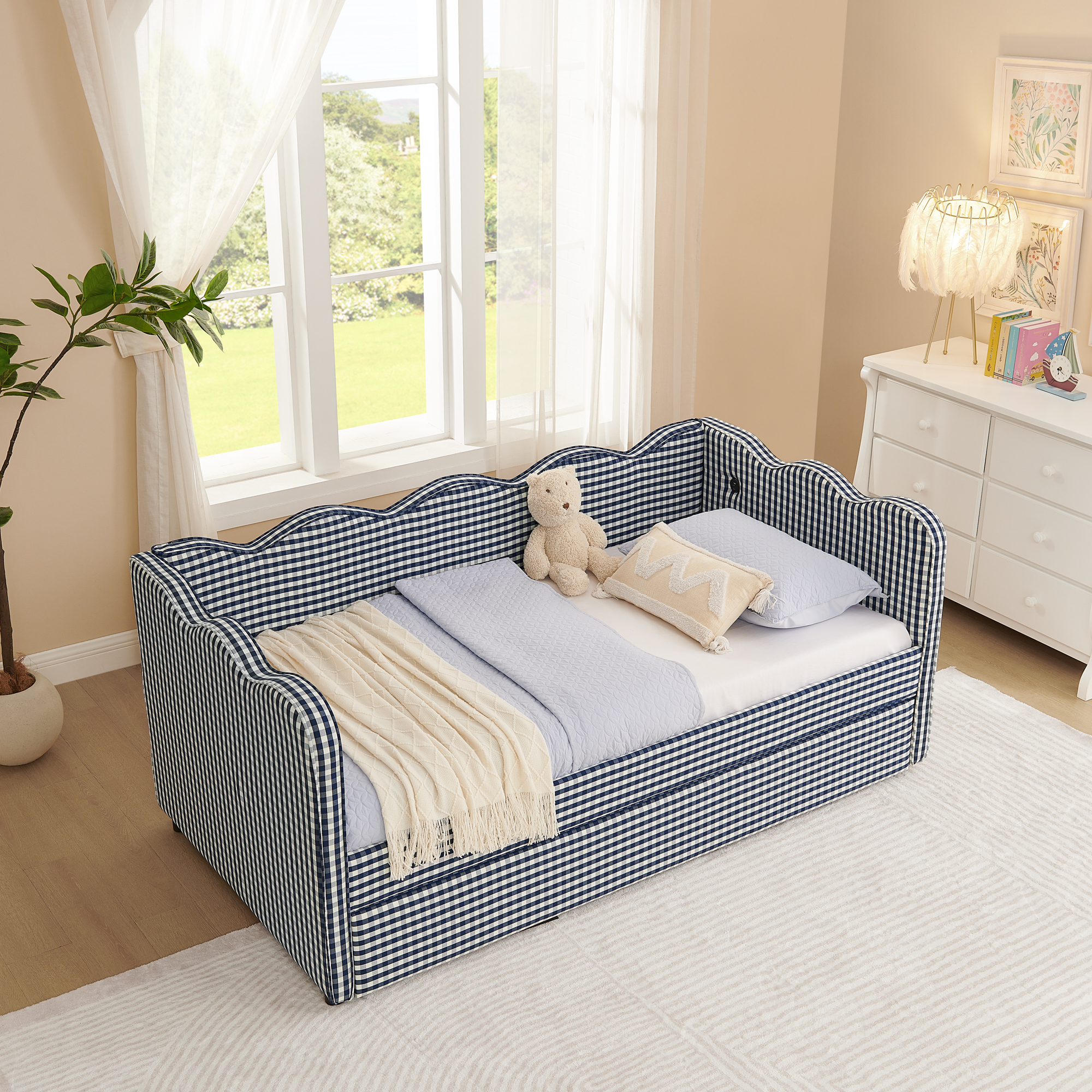 Cozy Gingham Daybed with Trundle Twin Size Sofa Bed No Box Spring Needed, with USB Port and Adorable Wave Shaped, Linen Fabric, Navy - Image 5