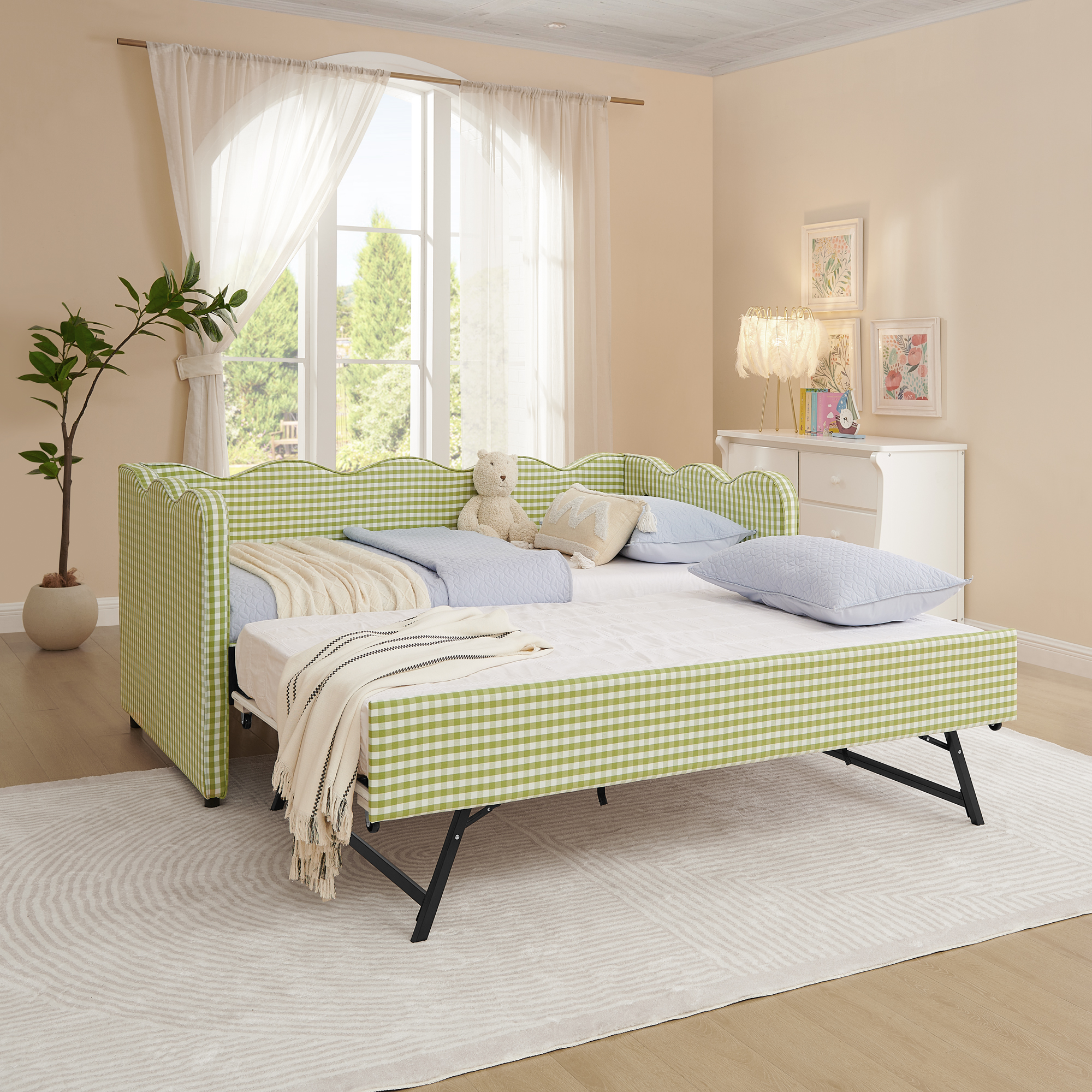 Cozy Gingham Daybed with Trundle Twin Size Sofa Bed No Box Spring Needed, with USB Port and Adorable Wave Shaped, Linen Fabric, Green - Image 2