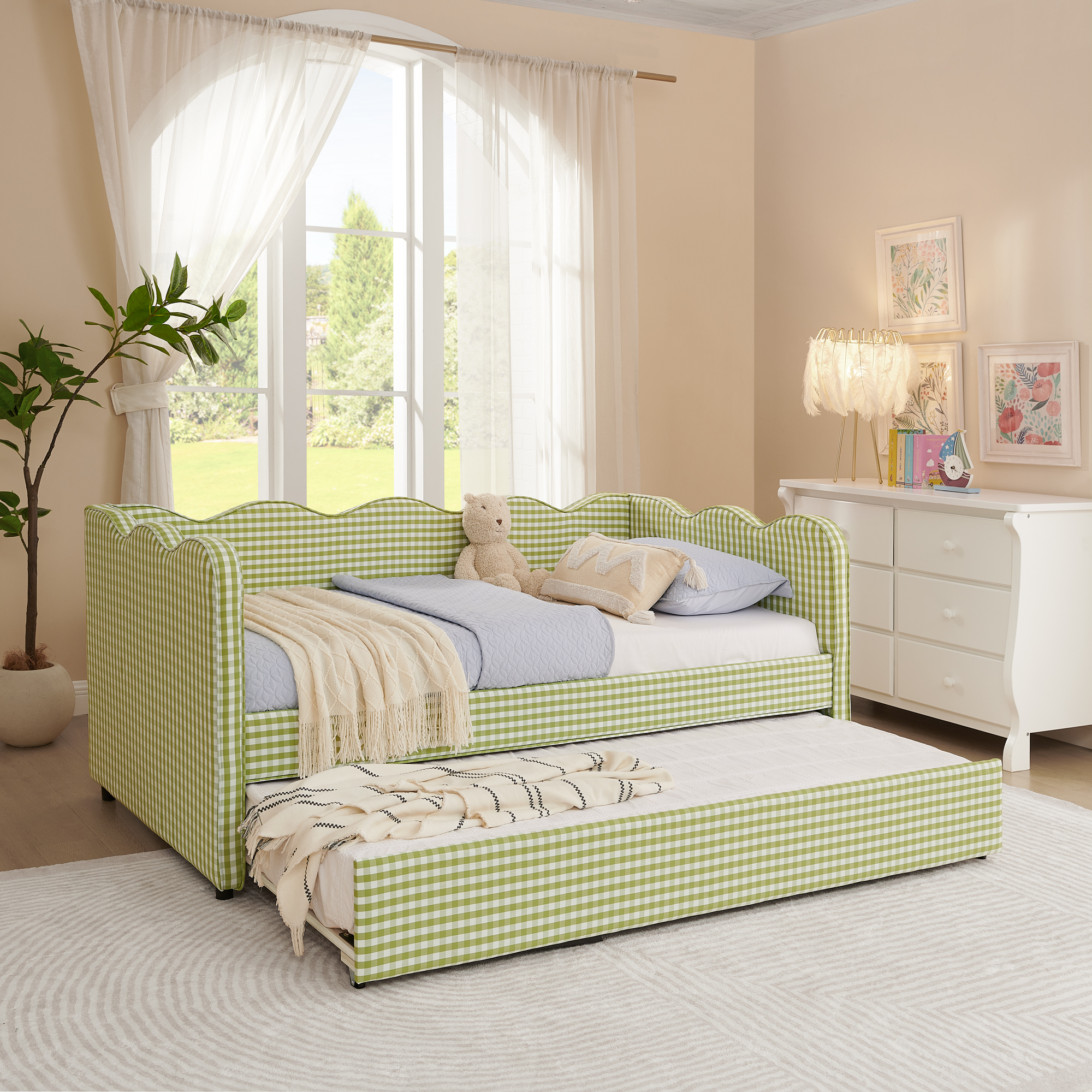 Cozy Gingham Daybed with Trundle Twin Size Sofa Bed No Box Spring Needed, with USB Port and Adorable Wave Shaped, Linen Fabric, Green - Image 3