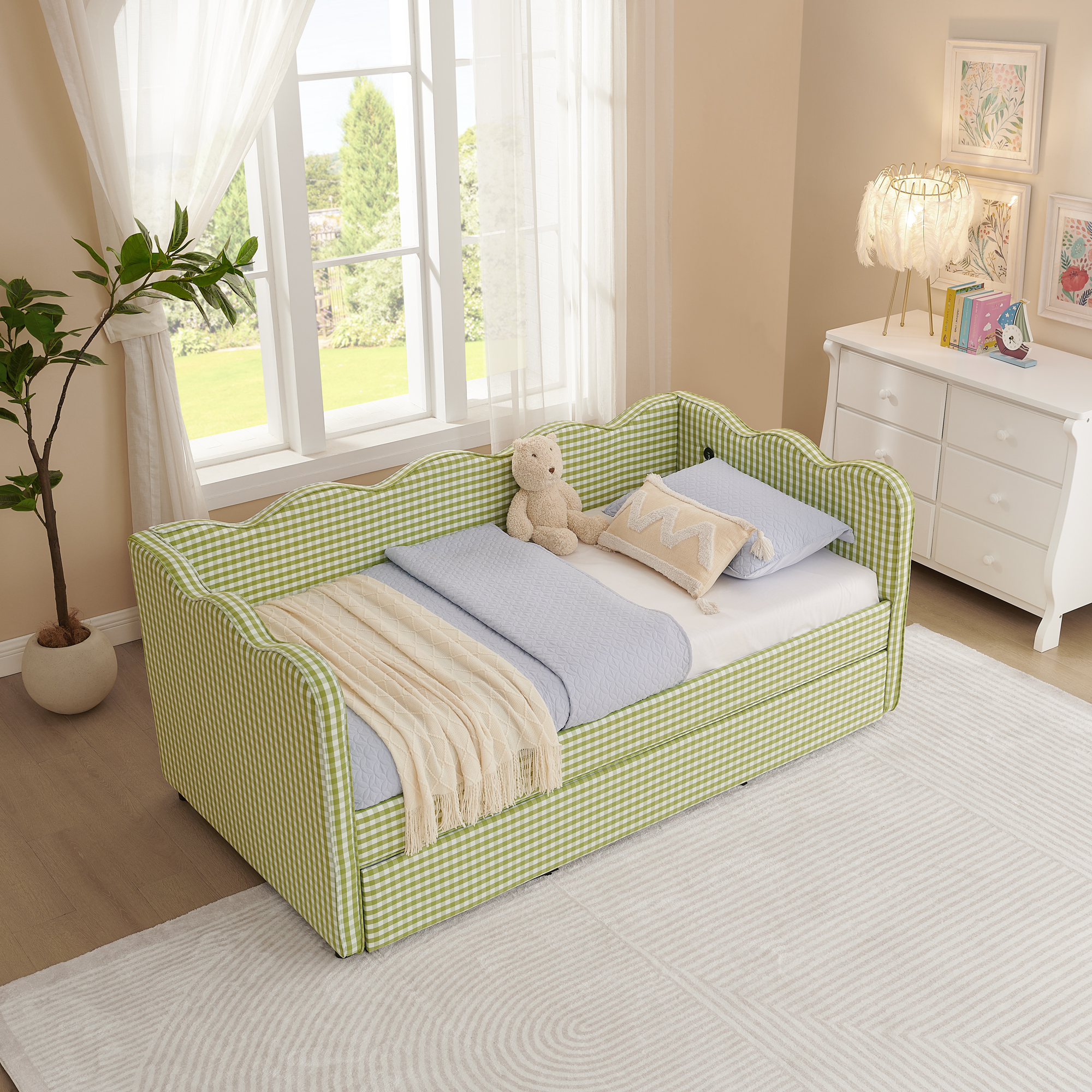 Cozy Gingham Daybed with Trundle Twin Size Sofa Bed No Box Spring Needed, with USB Port and Adorable Wave Shaped, Linen Fabric, Green - Image 4