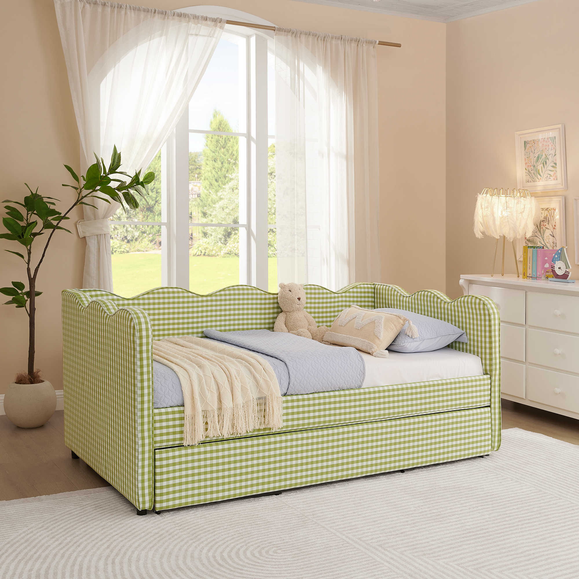 Cozy Gingham Daybed with Trundle Twin Size Sofa Bed No Box Spring Needed, with USB Port and Adorable Wave Shaped, Linen Fabric, Green - Image 5