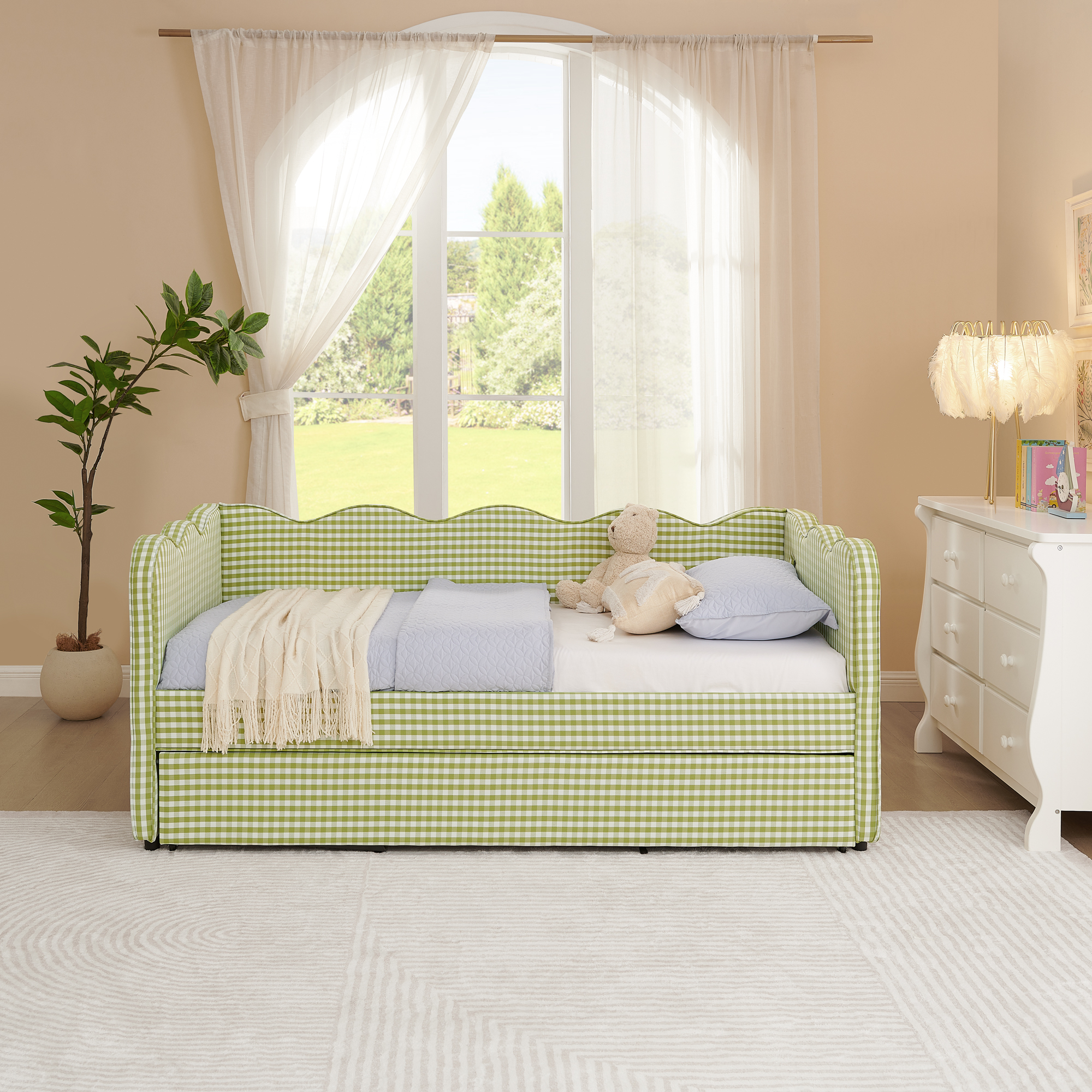 Cozy Gingham Daybed with Trundle Twin Size Sofa Bed No Box Spring Needed, with USB Port and Adorable Wave Shaped, Linen Fabric, Green - Image 6