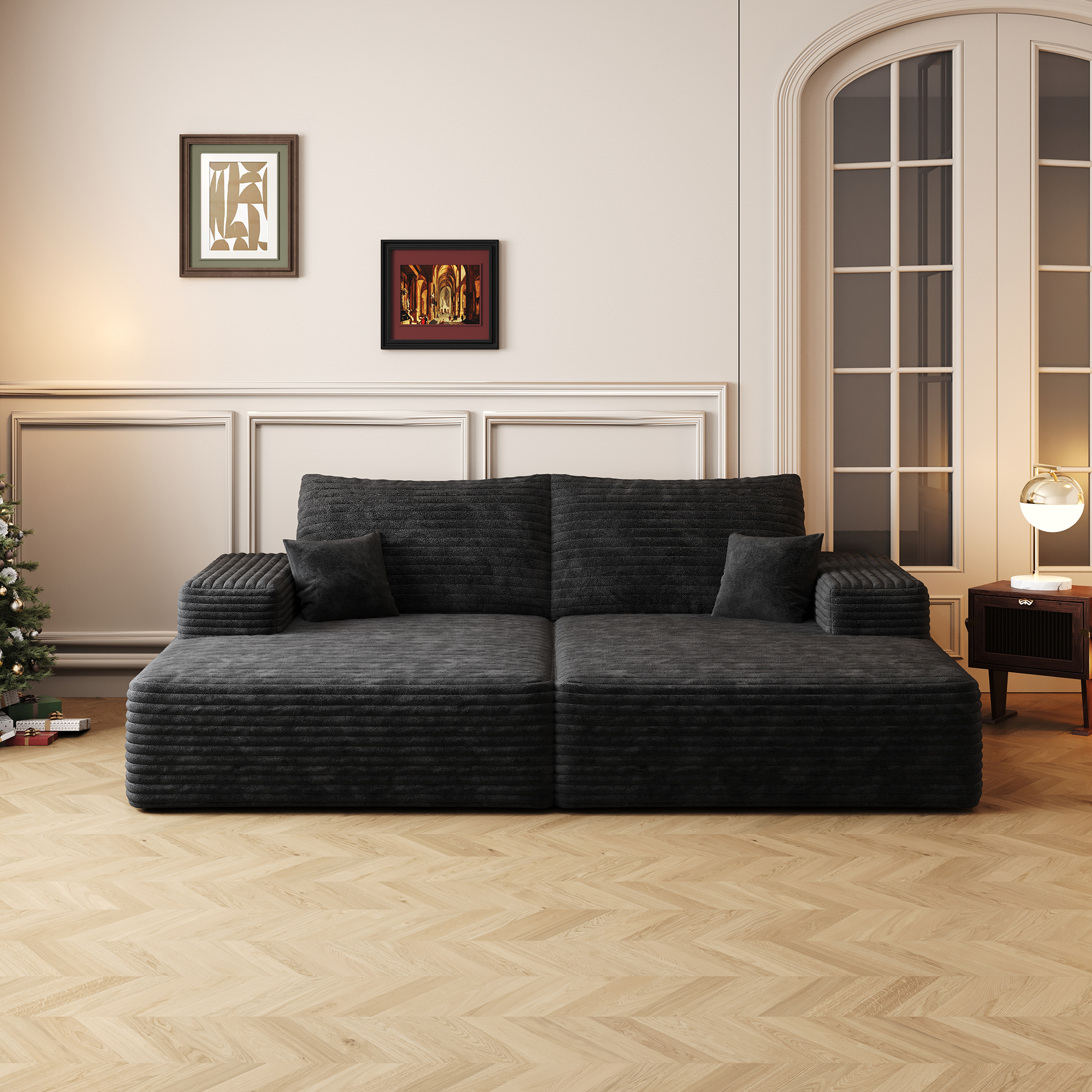 74.8" Modern Sofa bed With Dual sleeper, lounger for moviebonus room,No Assembly Required,Black (Plush Corduroy Fabric) - Image 2