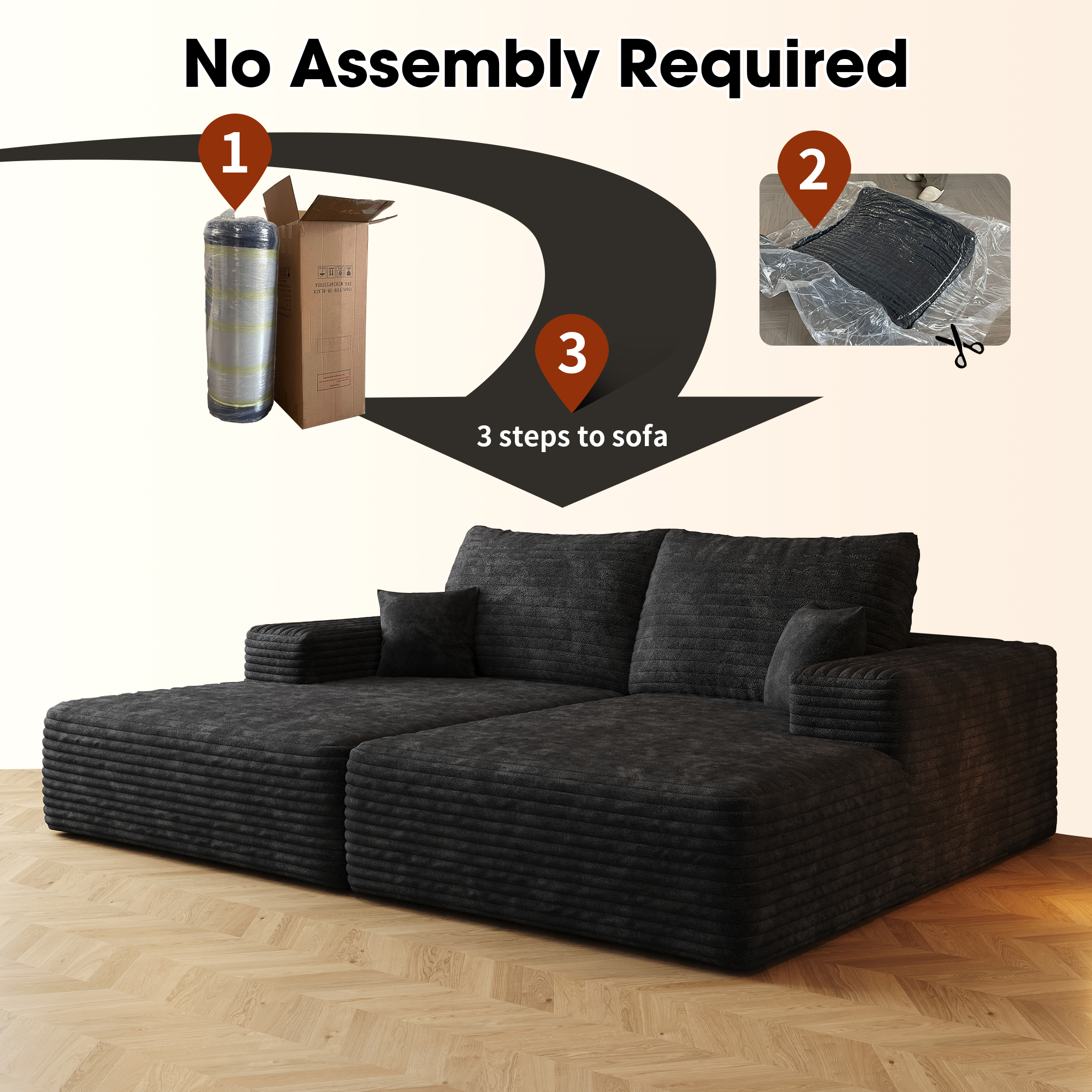 74.8" Modern Sofa bed With Dual sleeper, lounger for moviebonus room,No Assembly Required,Black (Plush Corduroy Fabric) - Image 5