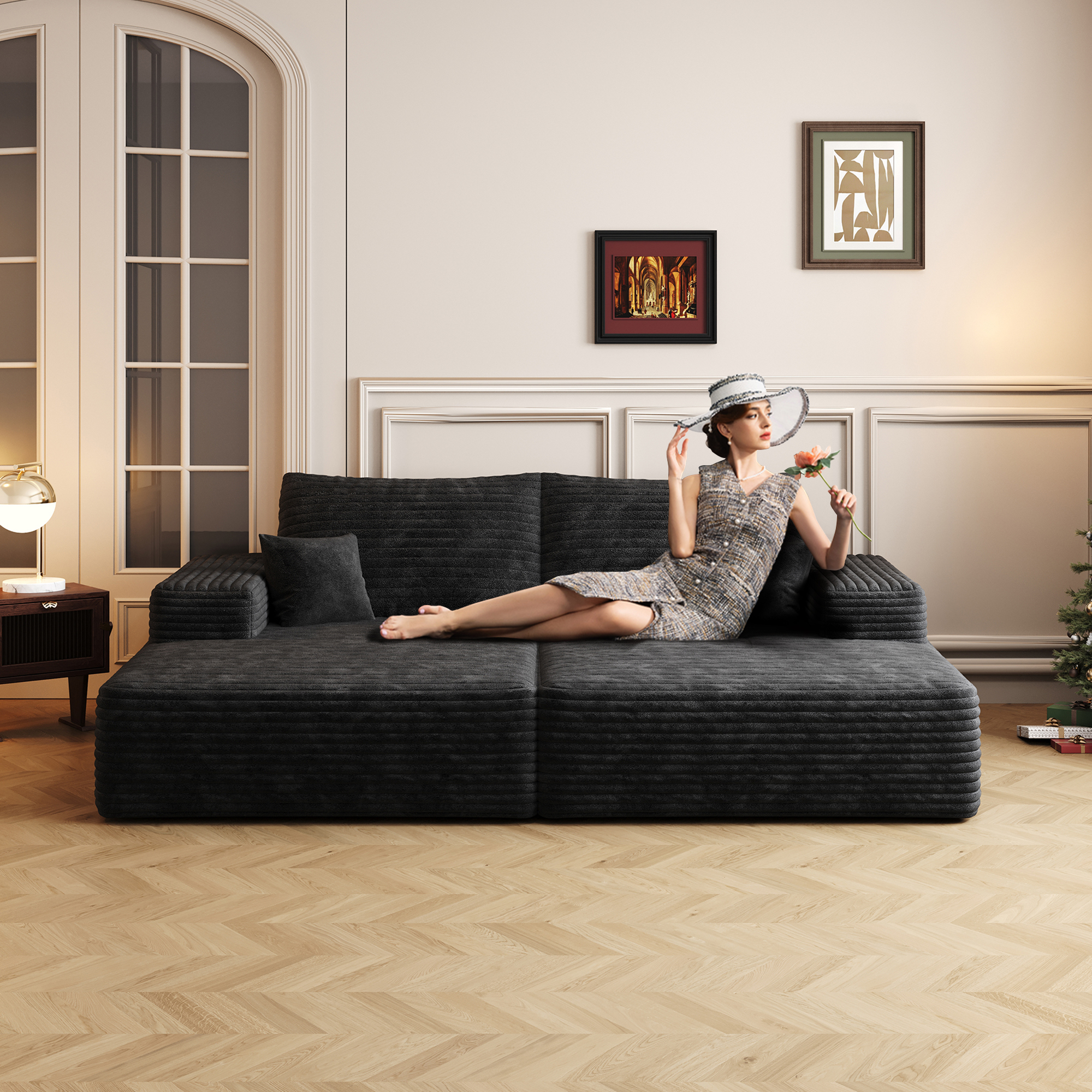 74.8" Modern Sofa bed With Dual sleeper, lounger for moviebonus room,No Assembly Required,Black (Plush Corduroy Fabric) - Image 3