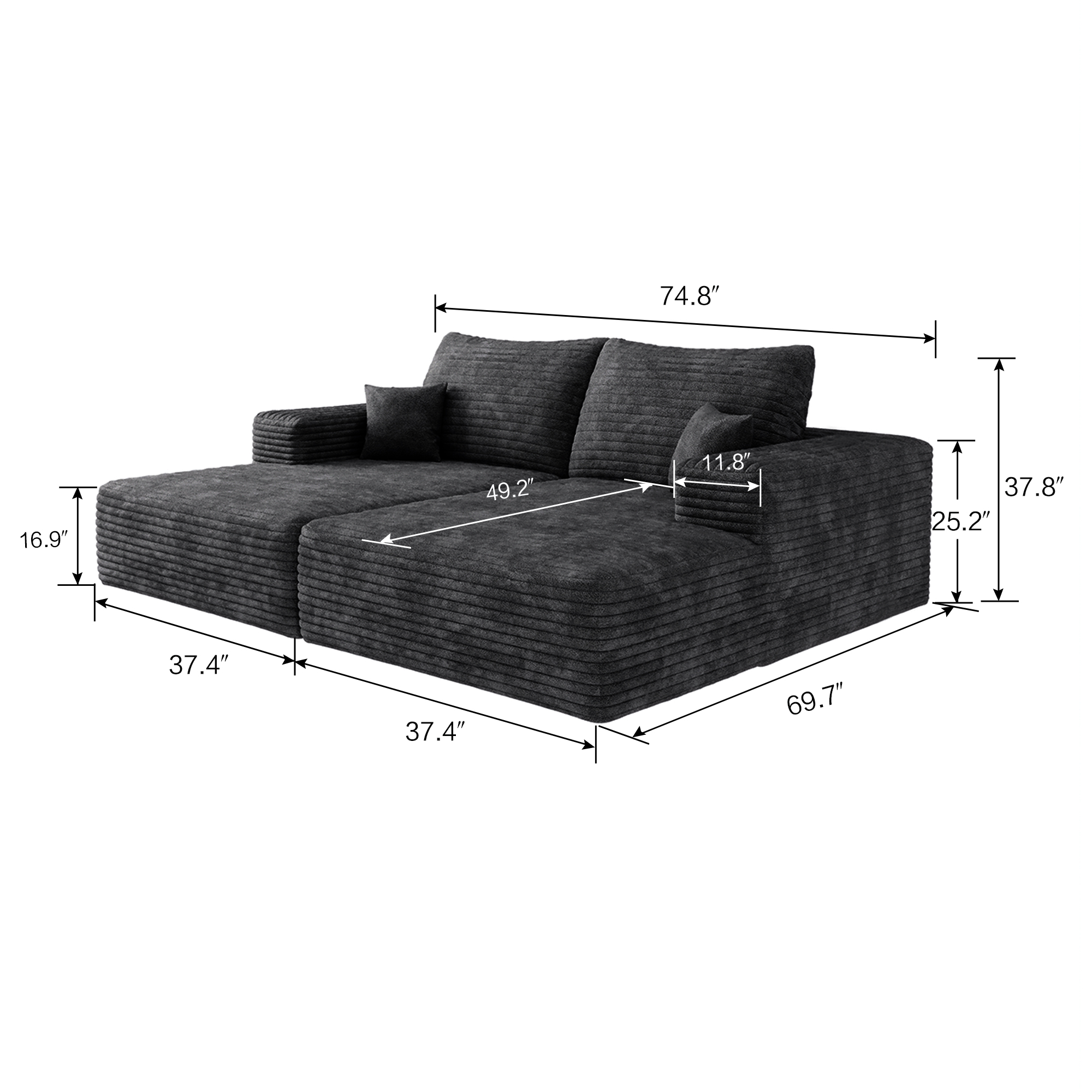 74.8" Modern Sofa bed With Dual sleeper, lounger for moviebonus room,No Assembly Required,Black (Plush Corduroy Fabric) - Image 5