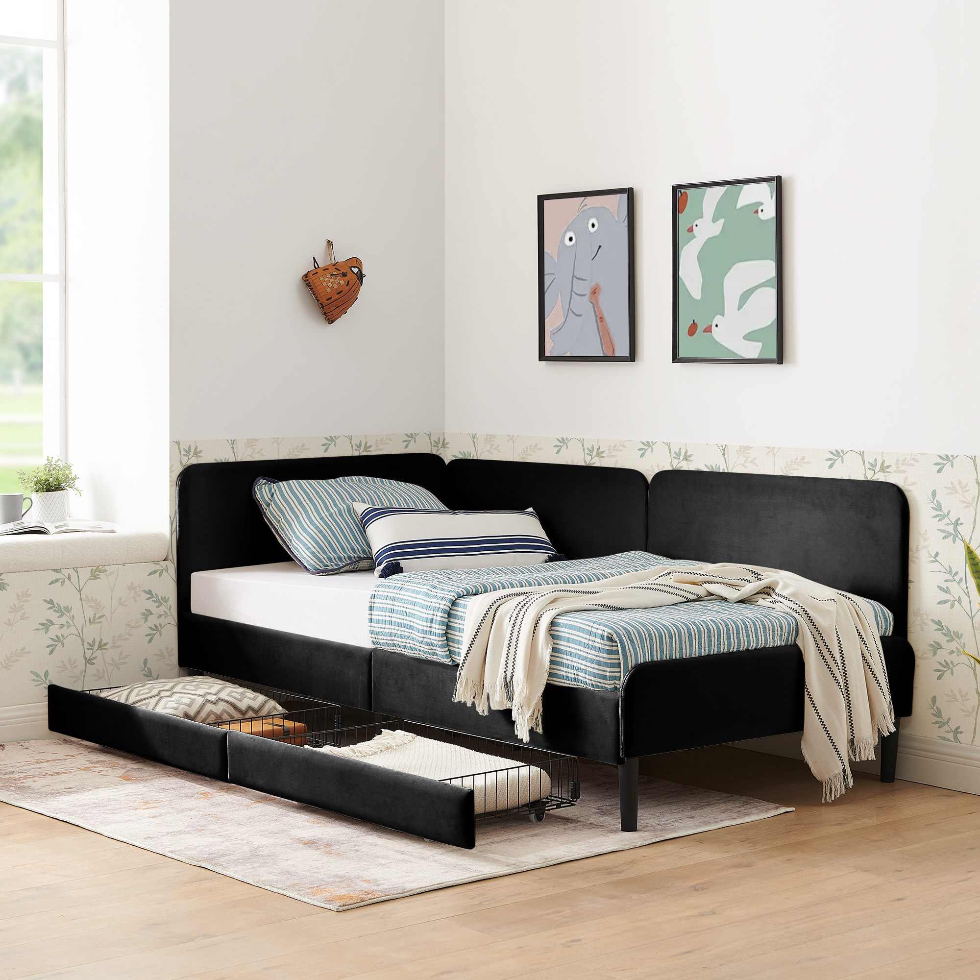 Twin Size Upholstered Platform Bed Frame with 2 Storage Drawers, Adjustable Velvet Sofa Bed, Black - Image 2