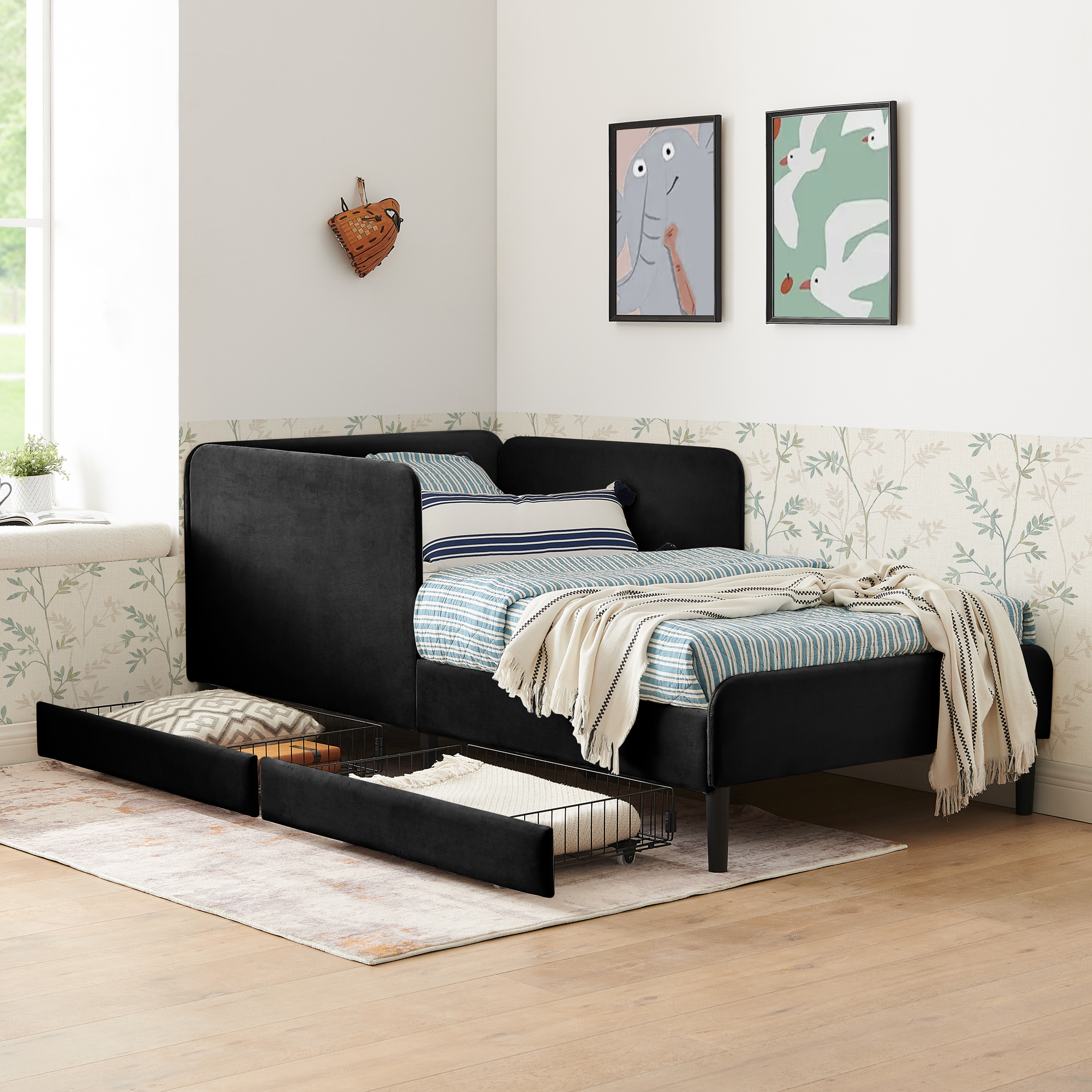 Twin Size Upholstered Platform Bed Frame with 2 Storage Drawers, Adjustable Velvet Sofa Bed, Black - Image 3
