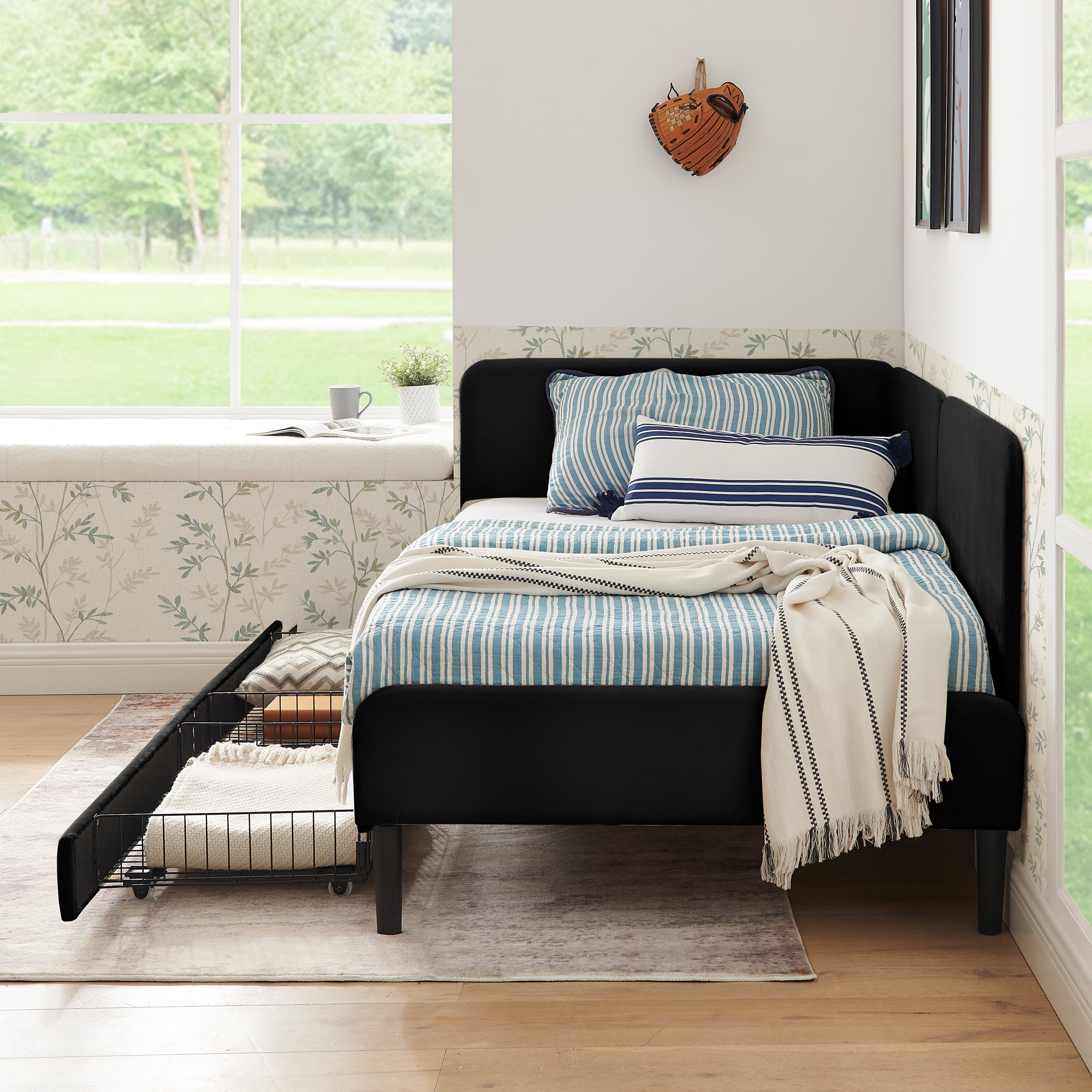 Twin Size Upholstered Platform Bed Frame with 2 Storage Drawers, Adjustable Velvet Sofa Bed, Black - Image 4