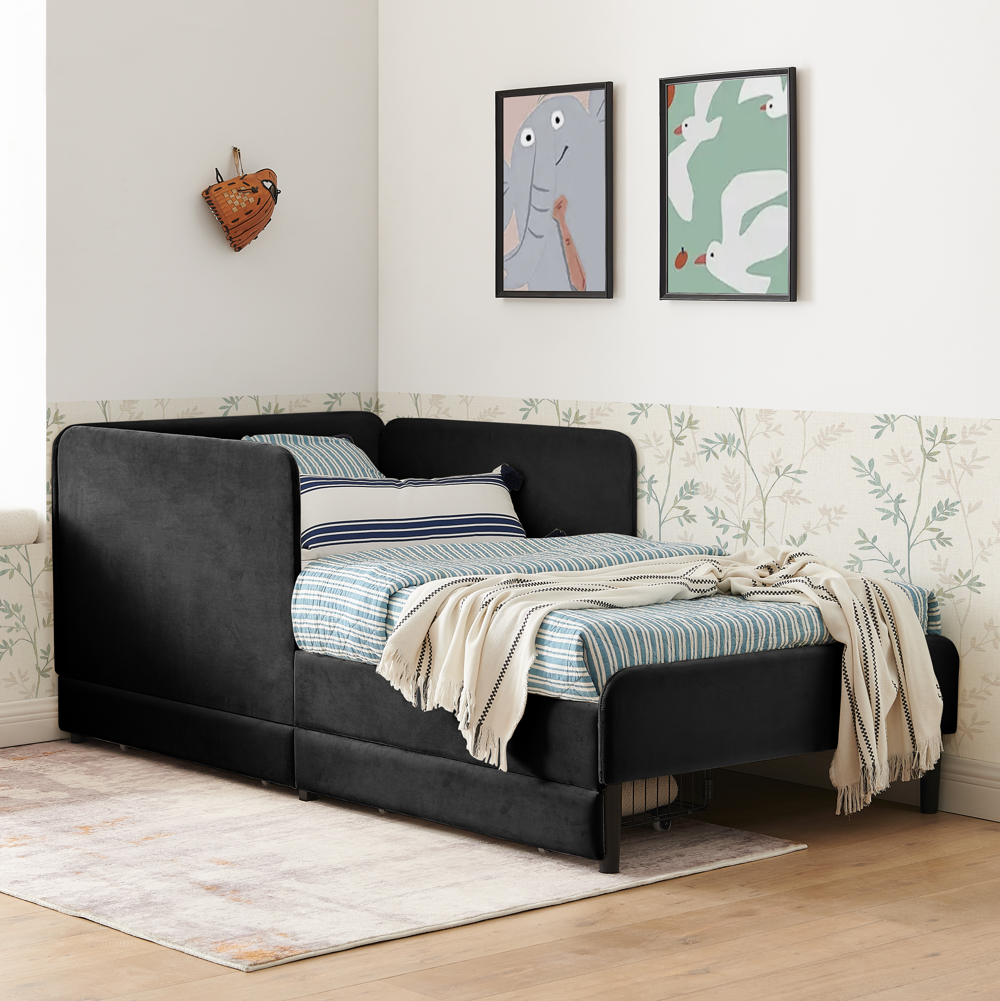 Twin Size Upholstered Platform Bed Frame with 2 Storage Drawers, Adjustable Velvet Sofa Bed, Black - Image 5