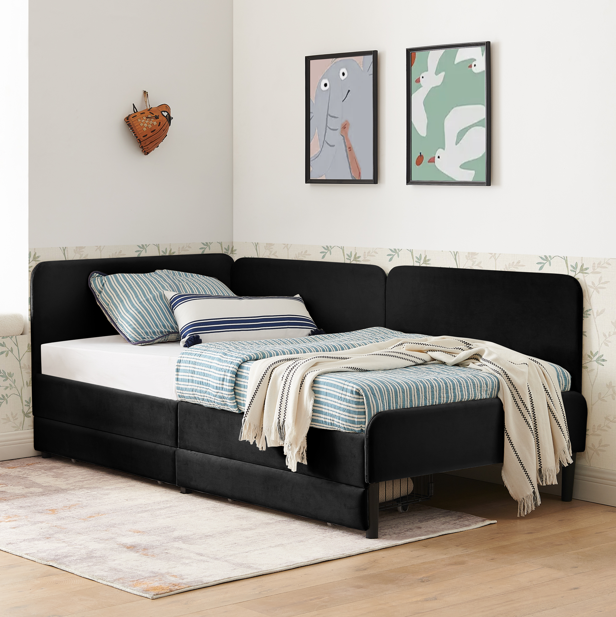 Twin Size Upholstered Platform Bed Frame with 2 Storage Drawers, Adjustable Velvet Sofa Bed, Black - Image 6