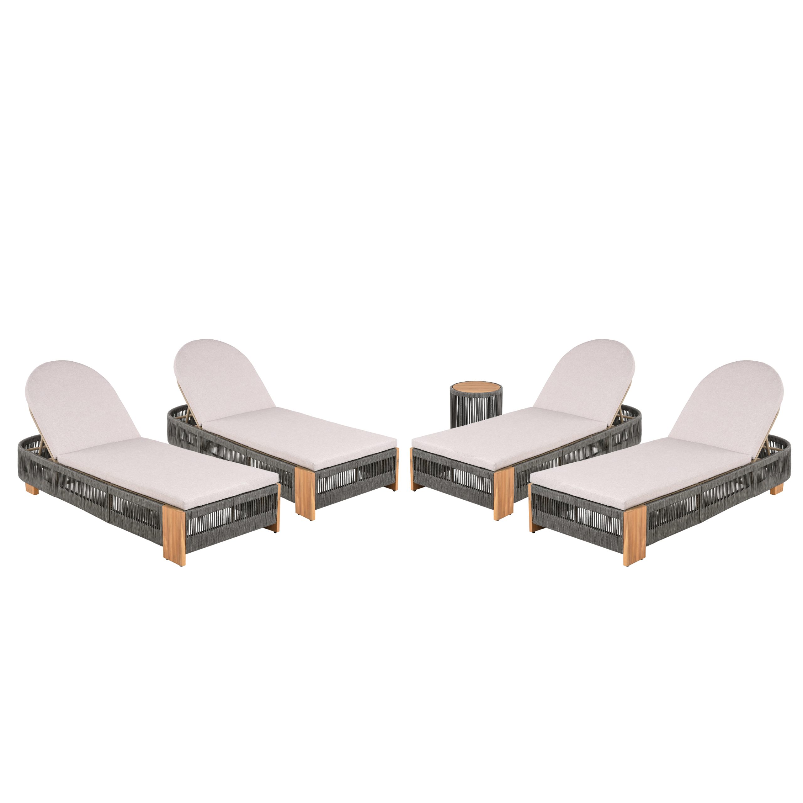 Outdoor Rope Chaise Lounge Set , Patio Lounge Chairs, Outside Poolside Lounge Furniture, Teak look wood Side Table and Beige Cushions, Chaise Lounge with Adjustable Backrest( Grey rope) - Image 2