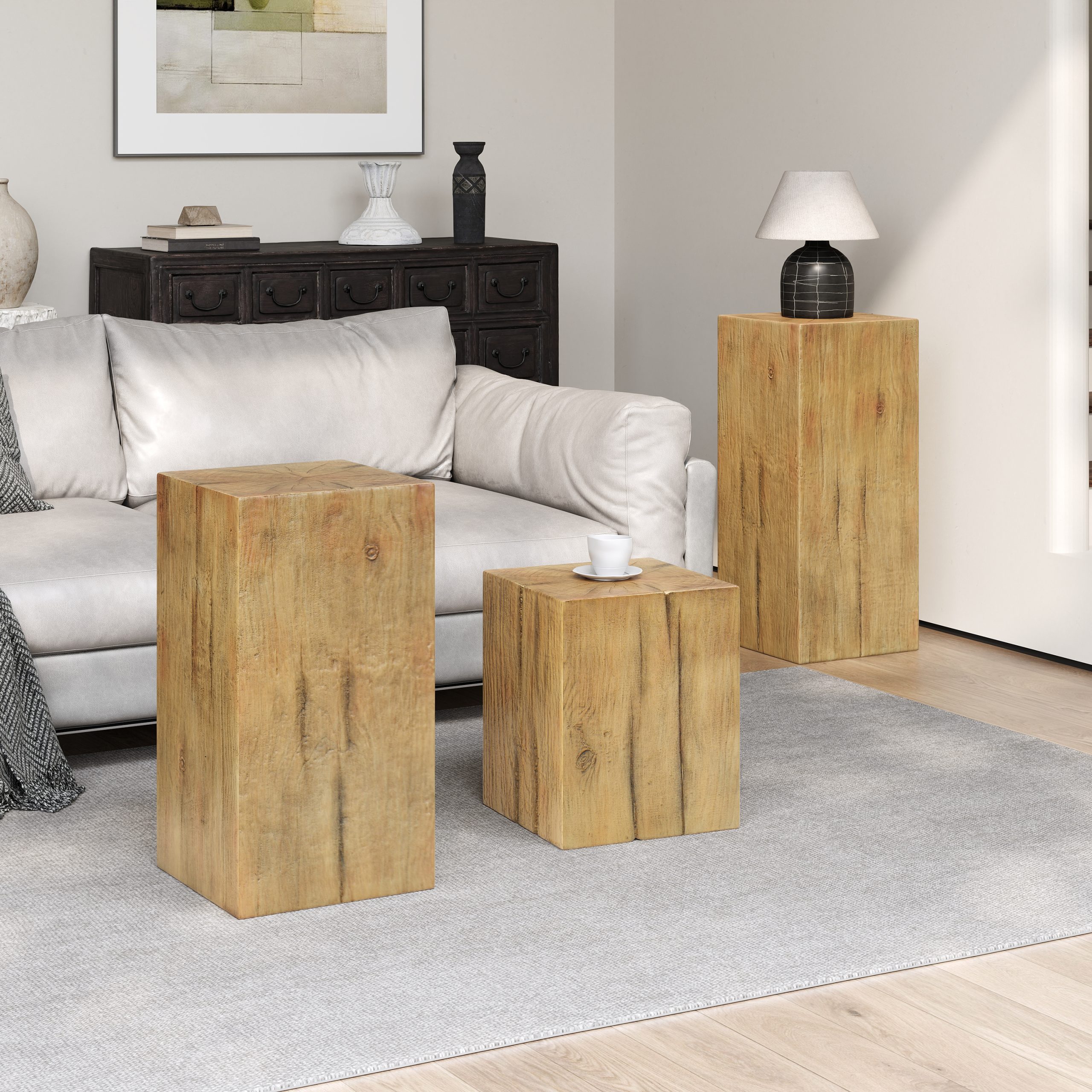 Retro natural style Side Table Set ,Stackable End Tables,Square-Column MGO Side Table for for Living Room, Bedroom, Office, Natural Color - Image 6