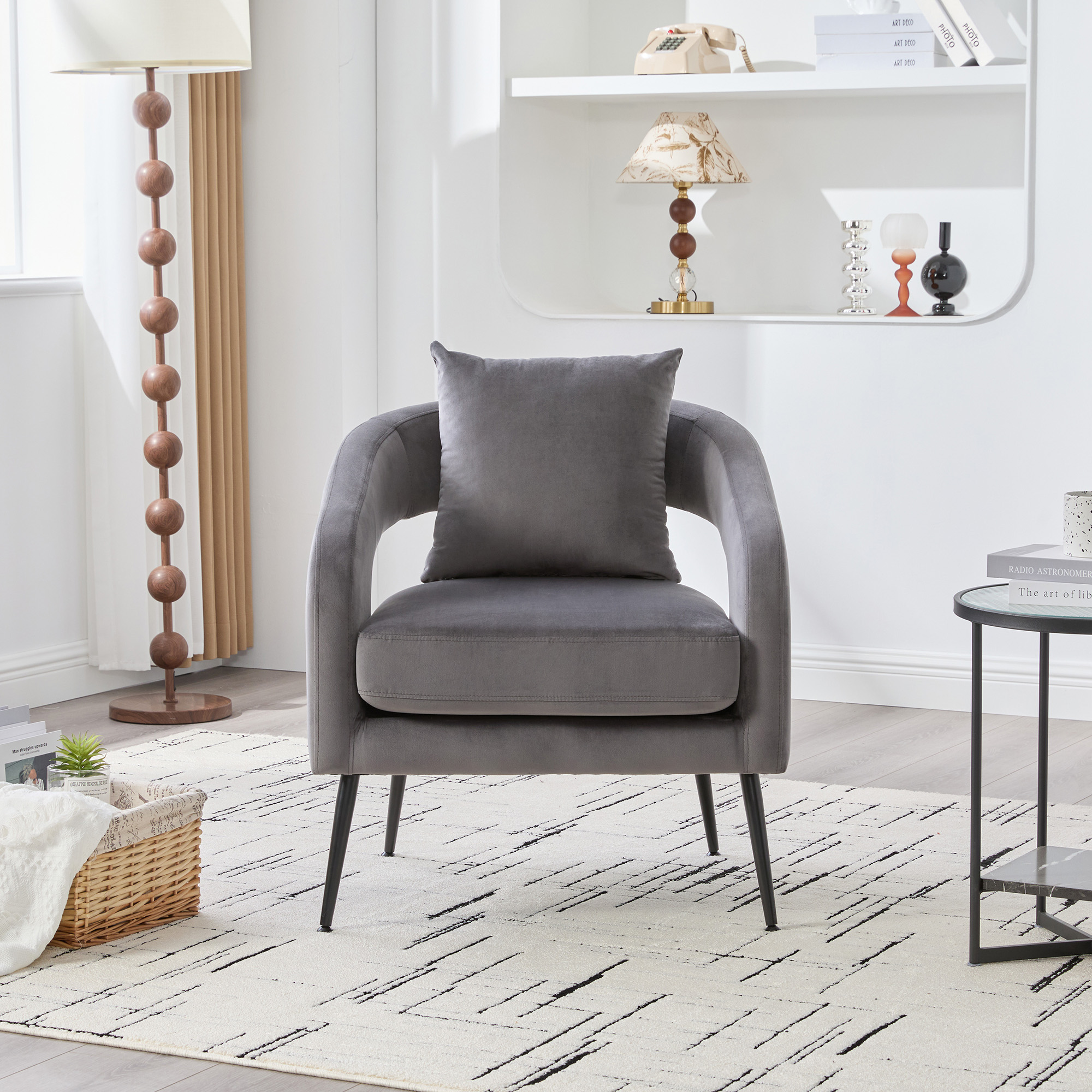 Modern Upholstered Velvet Open Back Accent Chair Barrel Dining Chair with Metal Legs, Cozy Round Sofa Leisure Lounge Club Armchair for Living Room,Bedroom Reception Dining Room and Guestroom, Charcoal - Image 3