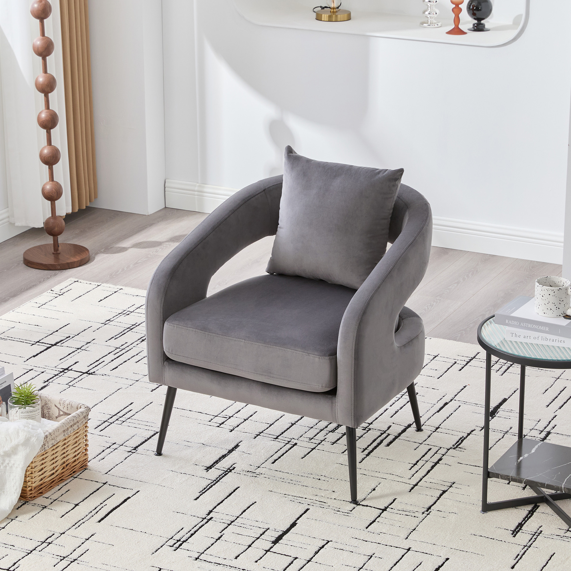 Modern Upholstered Velvet Open Back Accent Chair Barrel Dining Chair with Metal Legs, Cozy Round Sofa Leisure Lounge Club Armchair for Living Room,Bedroom Reception Dining Room and Guestroom, Charcoal - Image 5