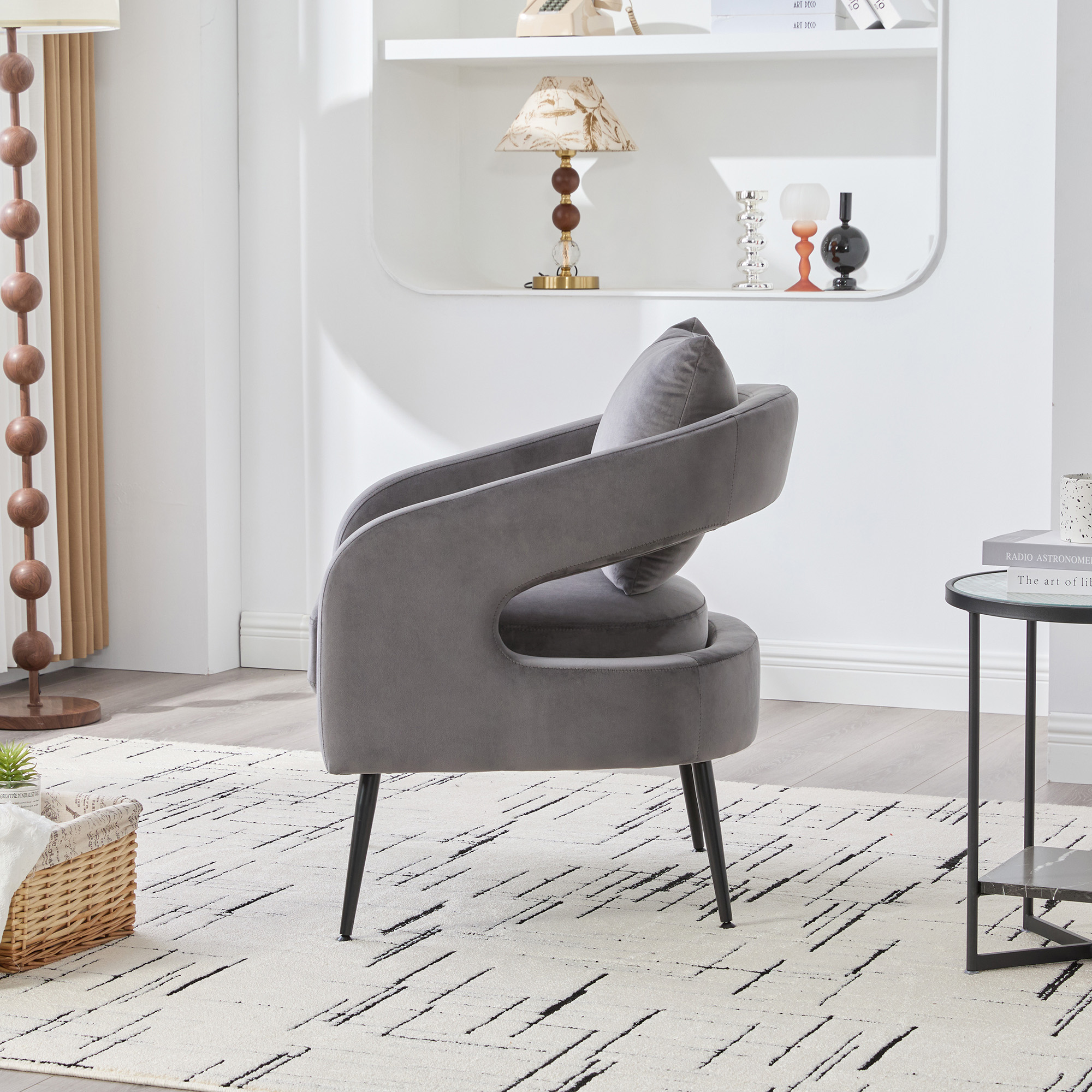 Modern Upholstered Velvet Open Back Accent Chair Barrel Dining Chair with Metal Legs, Cozy Round Sofa Leisure Lounge Club Armchair for Living Room,Bedroom Reception Dining Room and Guestroom, Charcoal - Image 6