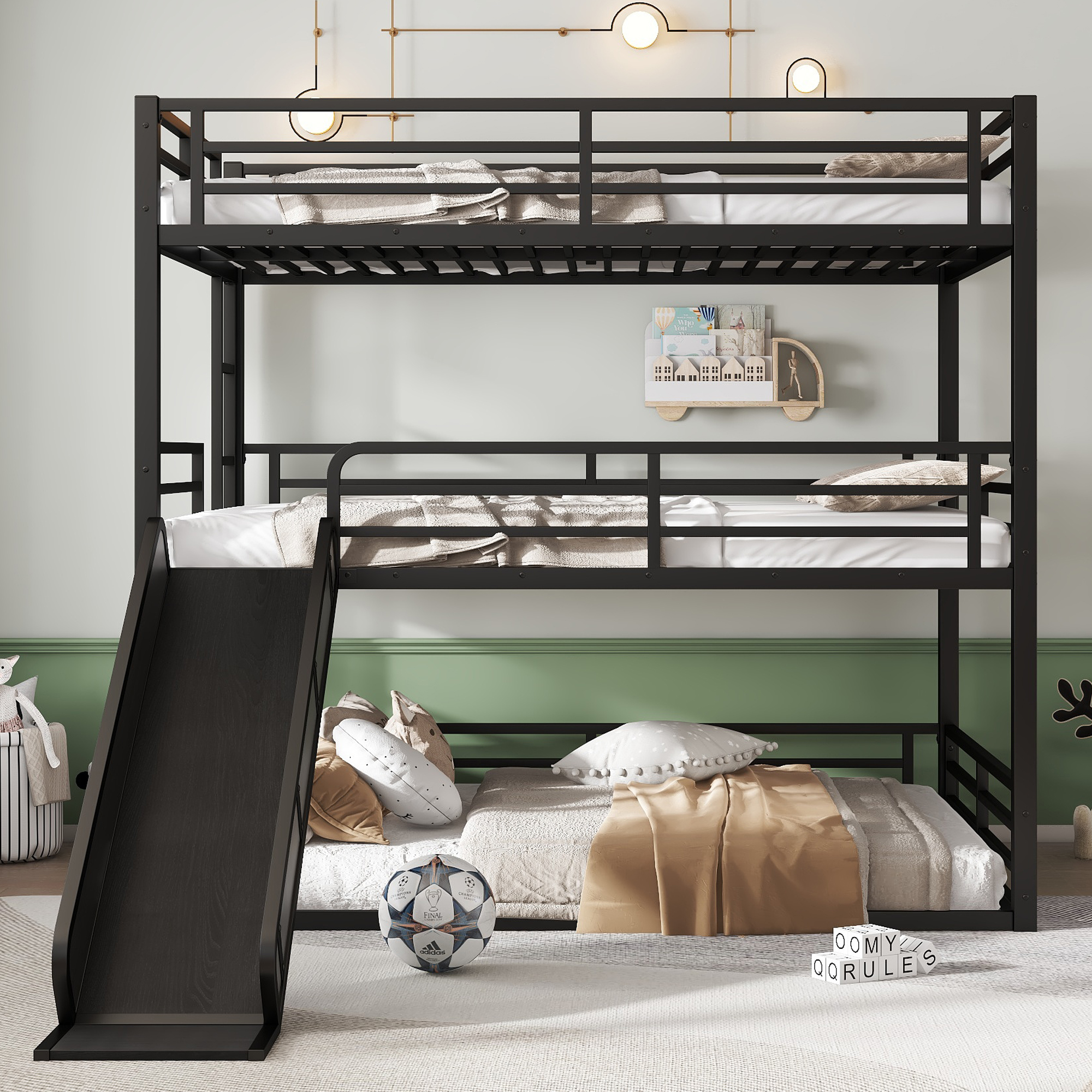 Queen over Queen over Queen Bunk Bed with Slide, Metal Triple Bunk Bed with Safety Guardrails, Heavy-duty Bunk Bed with Noise-reduced Design, Black - Image 1