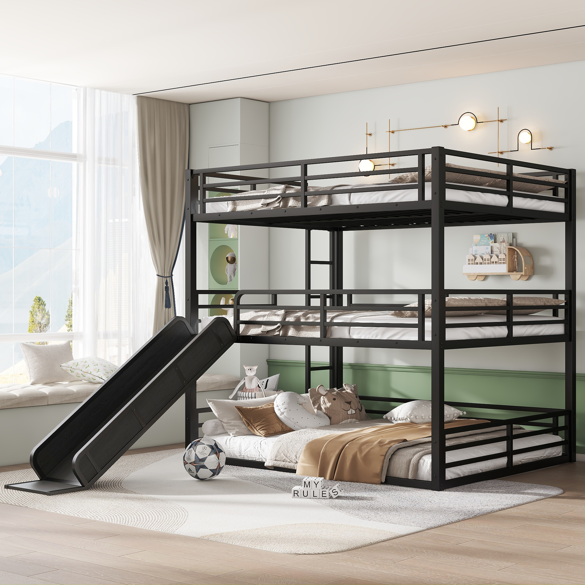 Queen over Queen over Queen Bunk Bed with Slide, Metal Triple Bunk Bed with Safety Guardrails, Heavy-duty Bunk Bed with Noise-reduced Design, Black - Image 2