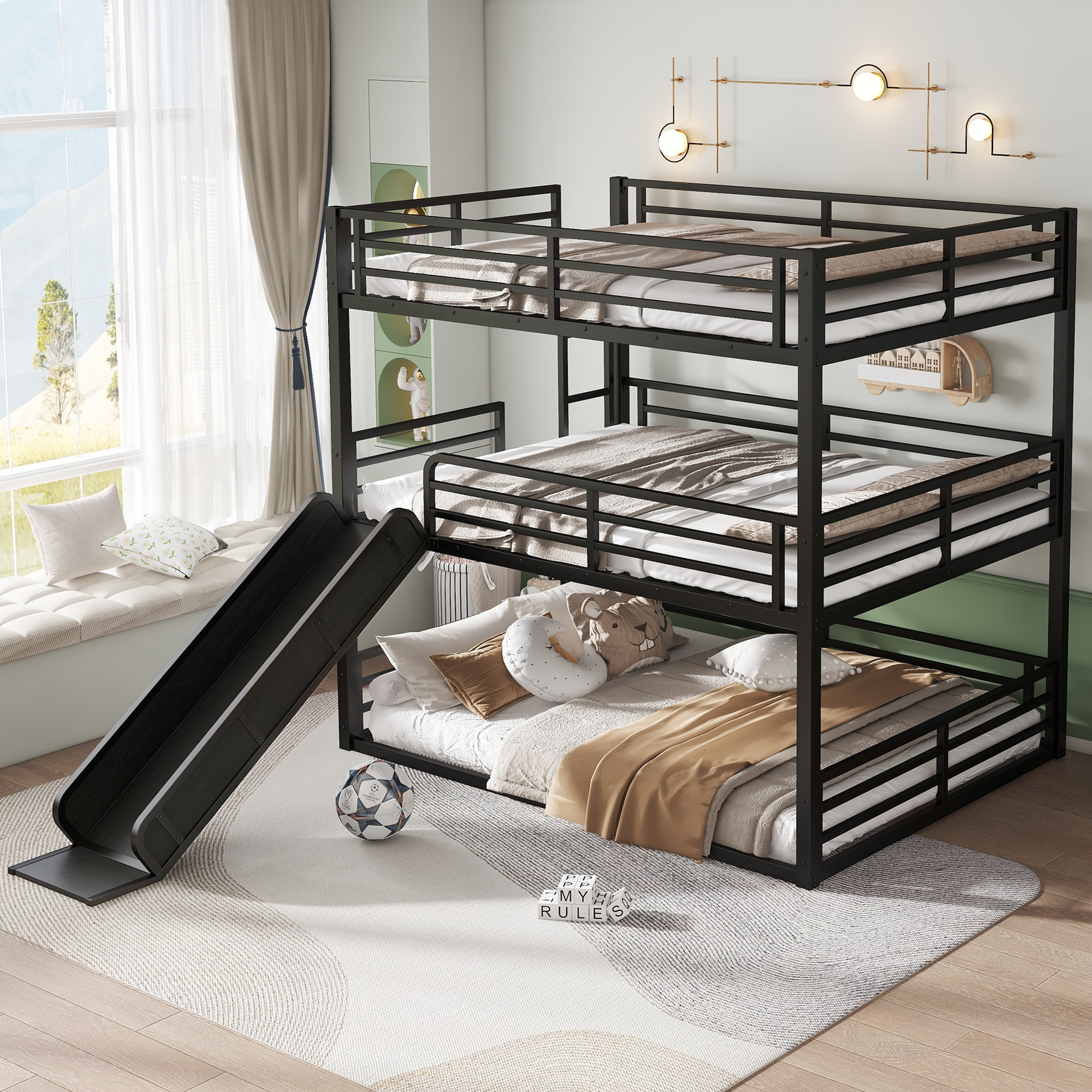 Queen over Queen over Queen Bunk Bed with Slide, Metal Triple Bunk Bed with Safety Guardrails, Heavy-duty Bunk Bed with Noise-reduced Design, Black - Image 3