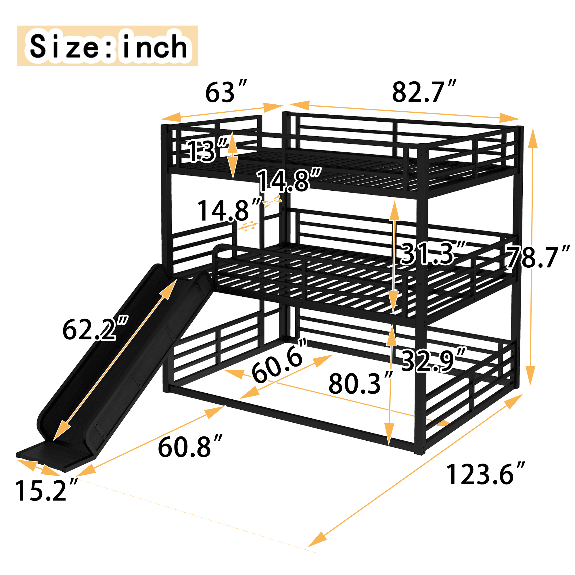 Queen over Queen over Queen Bunk Bed with Slide, Metal Triple Bunk Bed with Safety Guardrails, Heavy-duty Bunk Bed with Noise-reduced Design, Black - Image 4