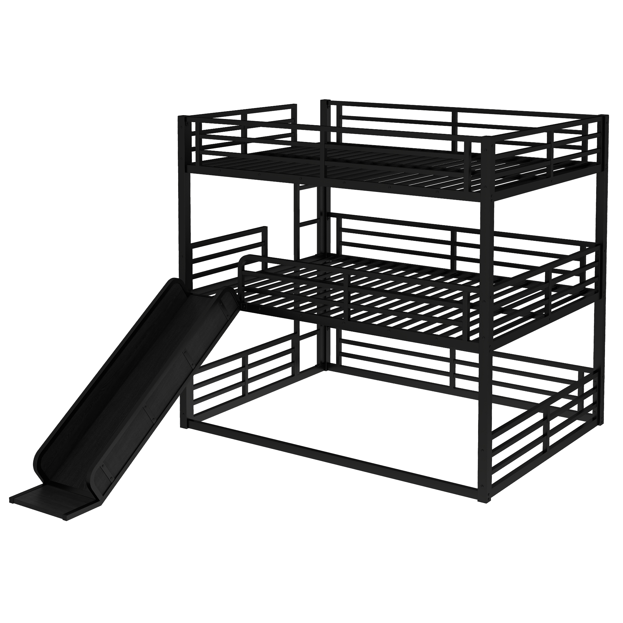Queen over Queen over Queen Bunk Bed with Slide, Metal Triple Bunk Bed with Safety Guardrails, Heavy-duty Bunk Bed with Noise-reduced Design, Black - Image 6
