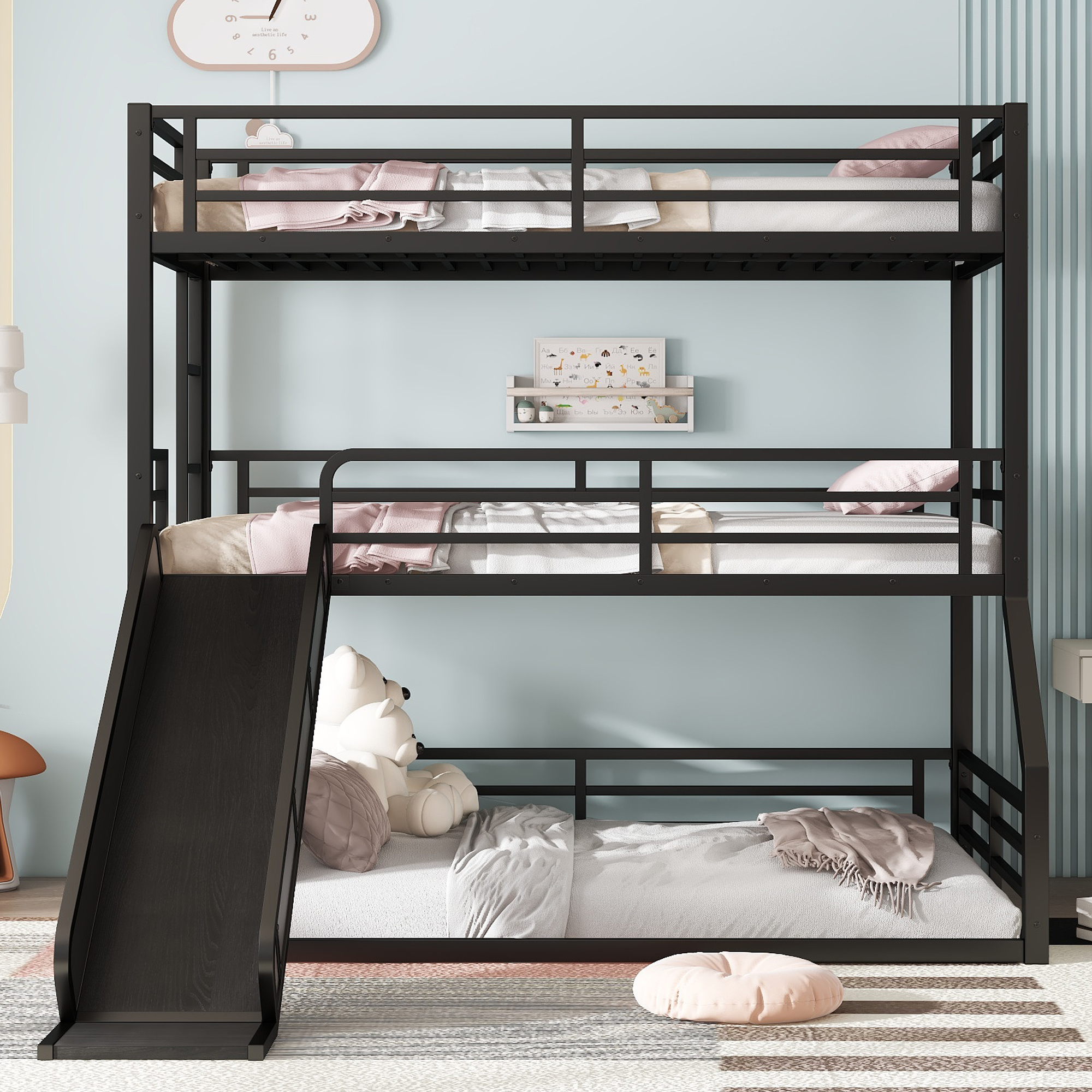 Twin over Twin over Full Bunk Bed with Slide, Metal Triple Bunk Bed with Safety Guardrails, Heavy-duty Bunk Bed with Noise-reduced Design, Black - Image 1
