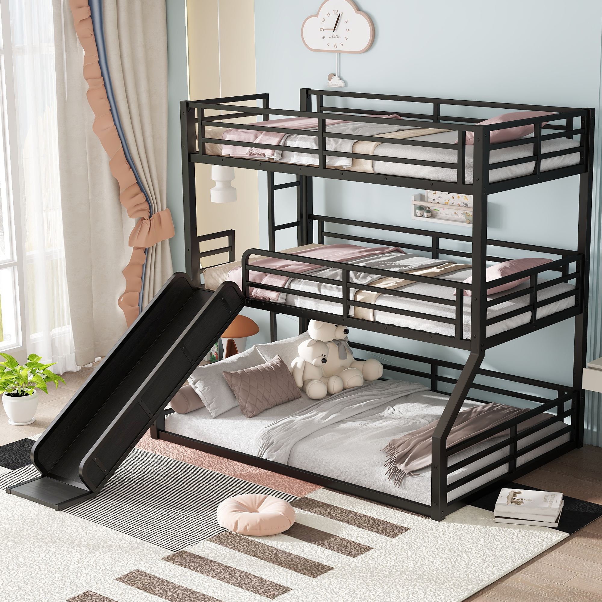 Twin over Twin over Full Bunk Bed with Slide, Metal Triple Bunk Bed with Safety Guardrails, Heavy-duty Bunk Bed with Noise-reduced Design, Black - Image 2